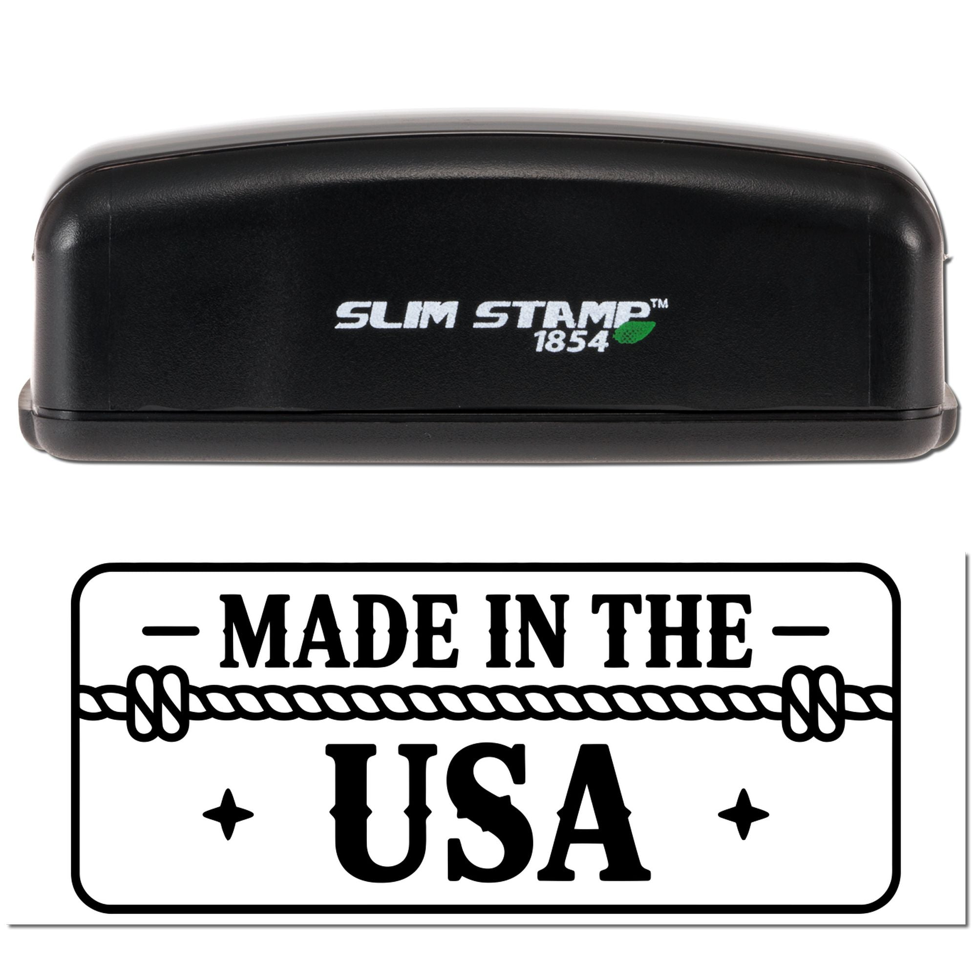 Slim Stamp 1854 custom self-inking stamp with Made in the USA seal design, black compact branding stamp for packaging and product labeling.