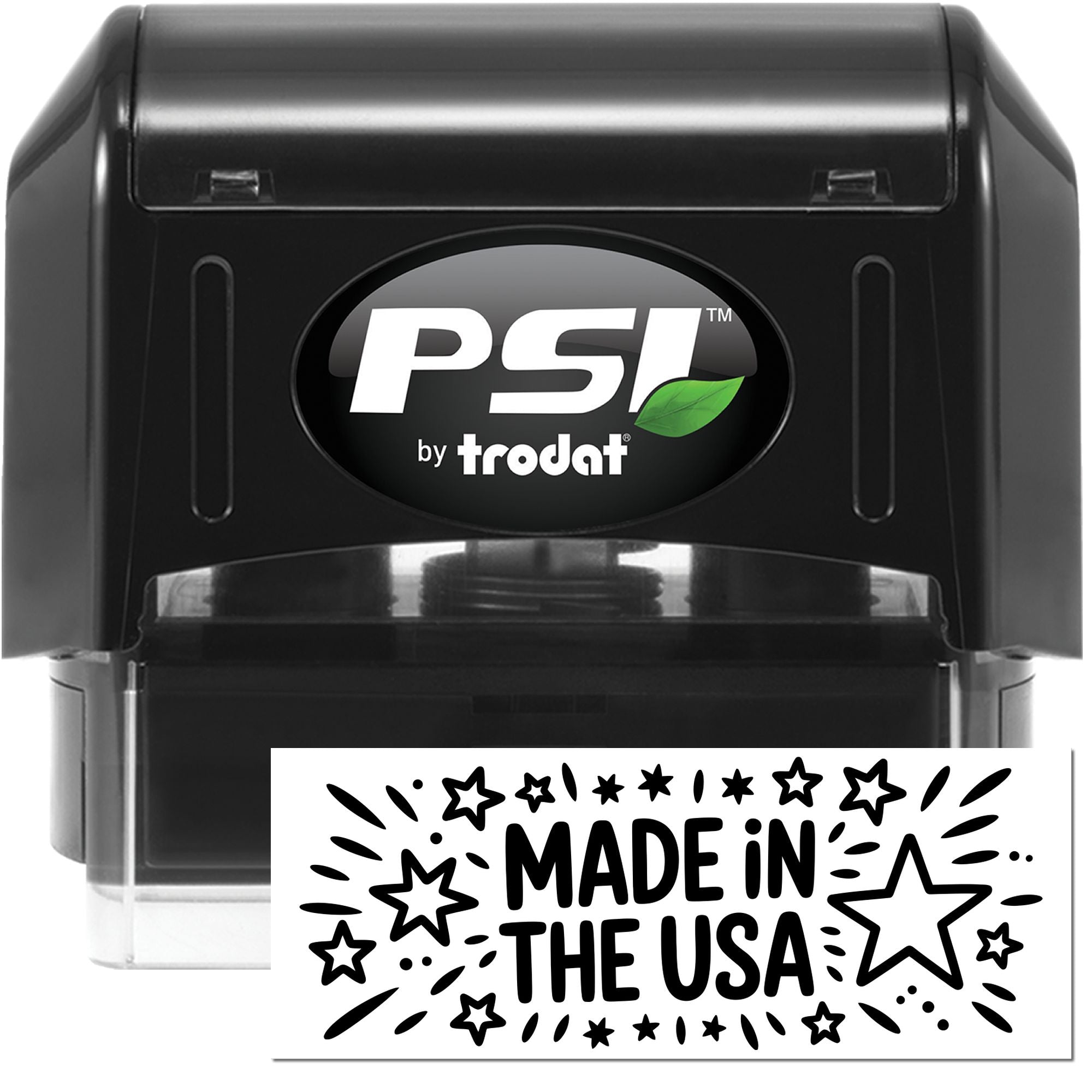 Black PSI by Trodat self-inking stamp and Made in the USA seal with white insert and green leaf logo.
