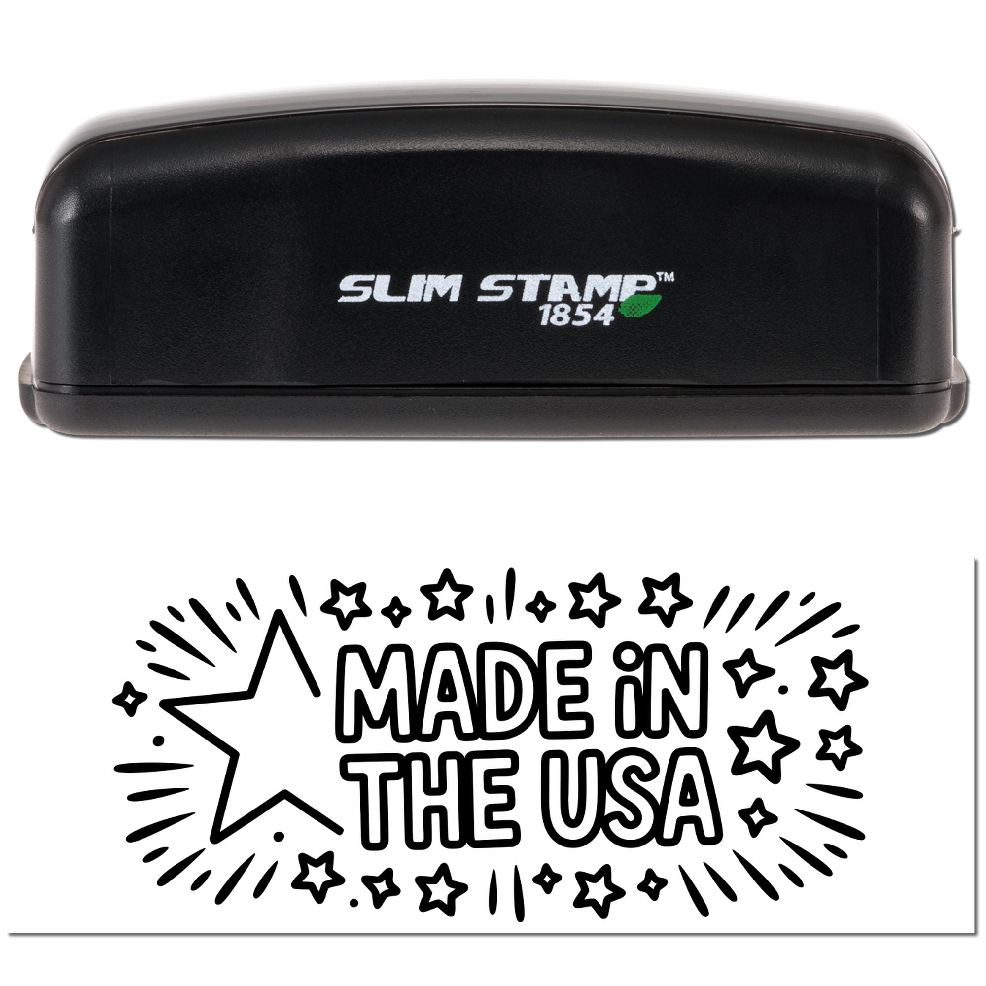 Black Slim Stamp 1854 handheld stamp with white logo and green leaf, above a black-and-white Made in the USA seal.