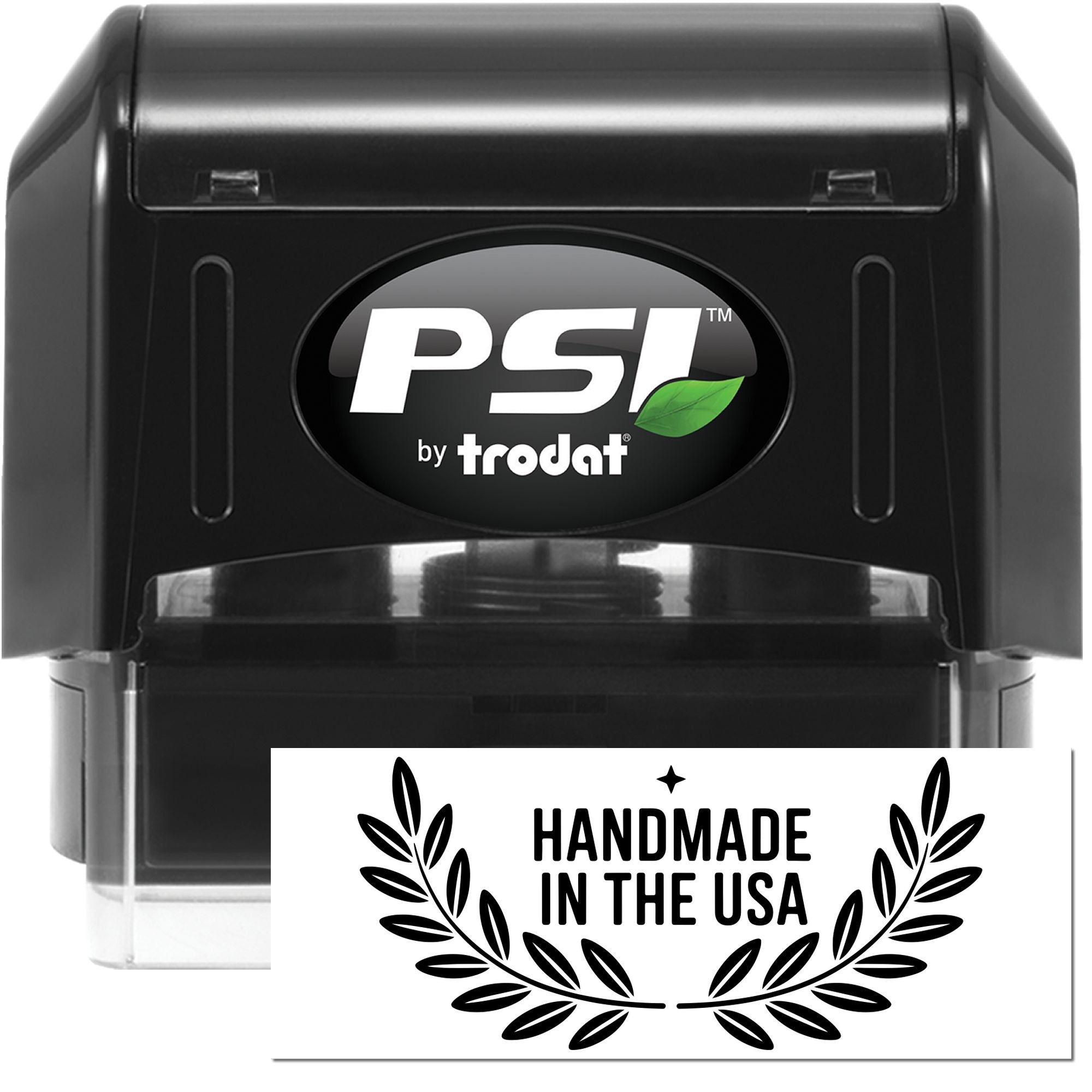 Black PSI by Trodat self-inking stamp with green leaf logo and Handmade in the USA seal on white.
