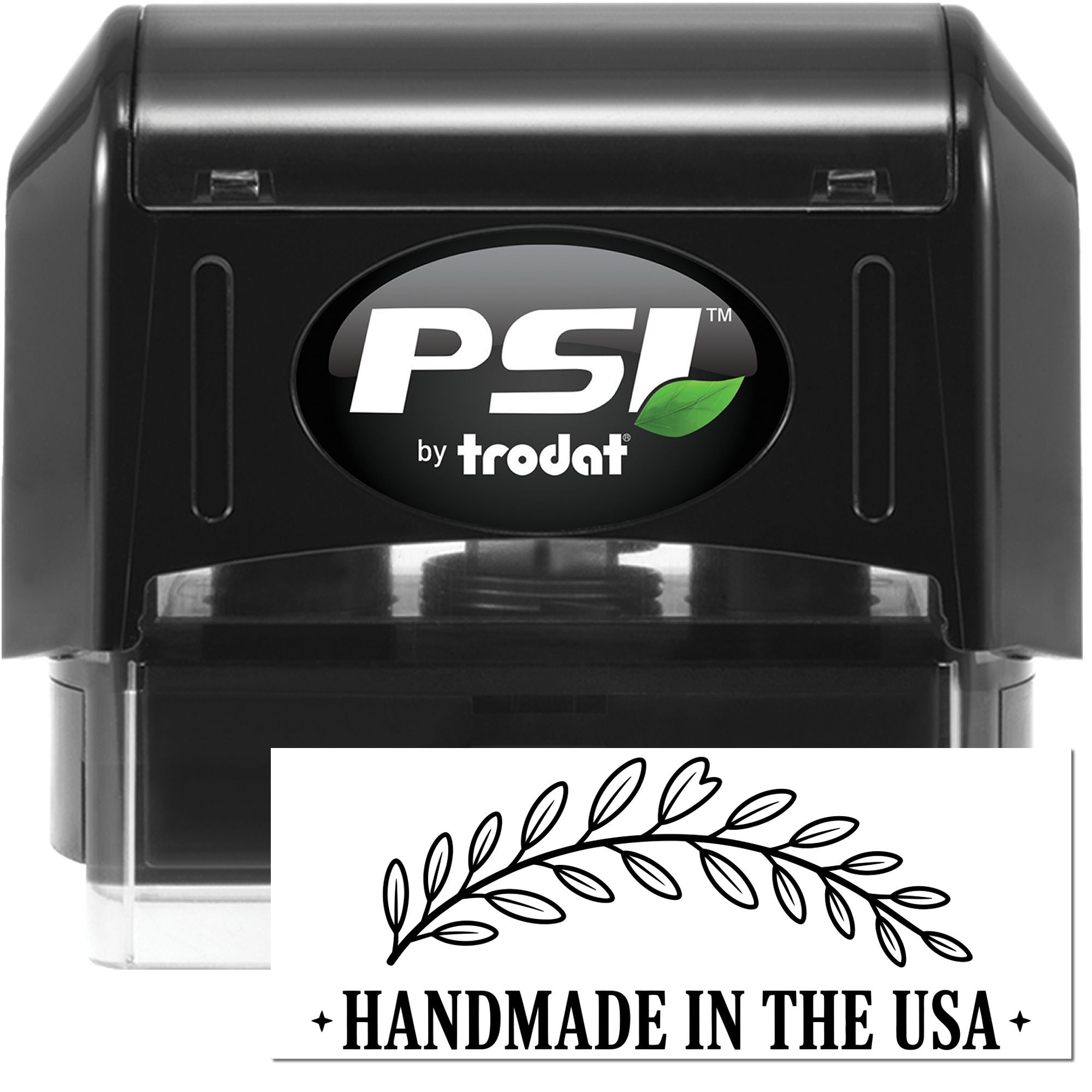 Black PSI by Trodat self-inking stamp in black with green leaf logo and Handmade in the USA seal impression