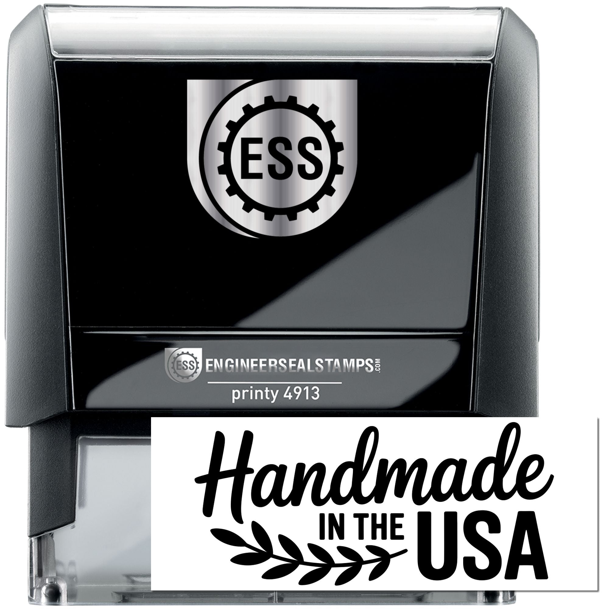 Black and silver Engineer Seal Stamps self-inking seal stamp with ESS logo and Handmade in the USA label