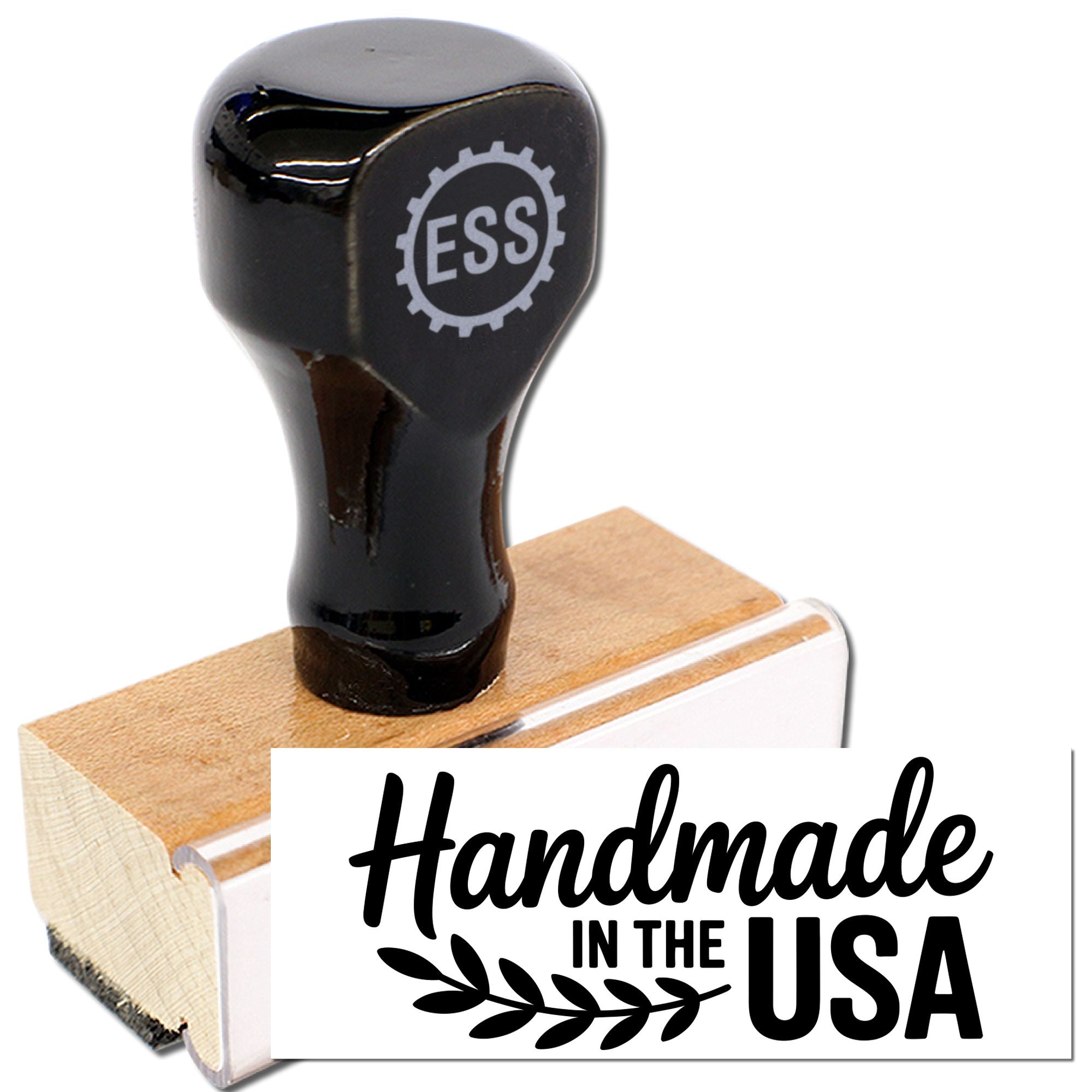 Black custom stamp and seal with wooden handle, ESS logo, and Handmade in the USA design