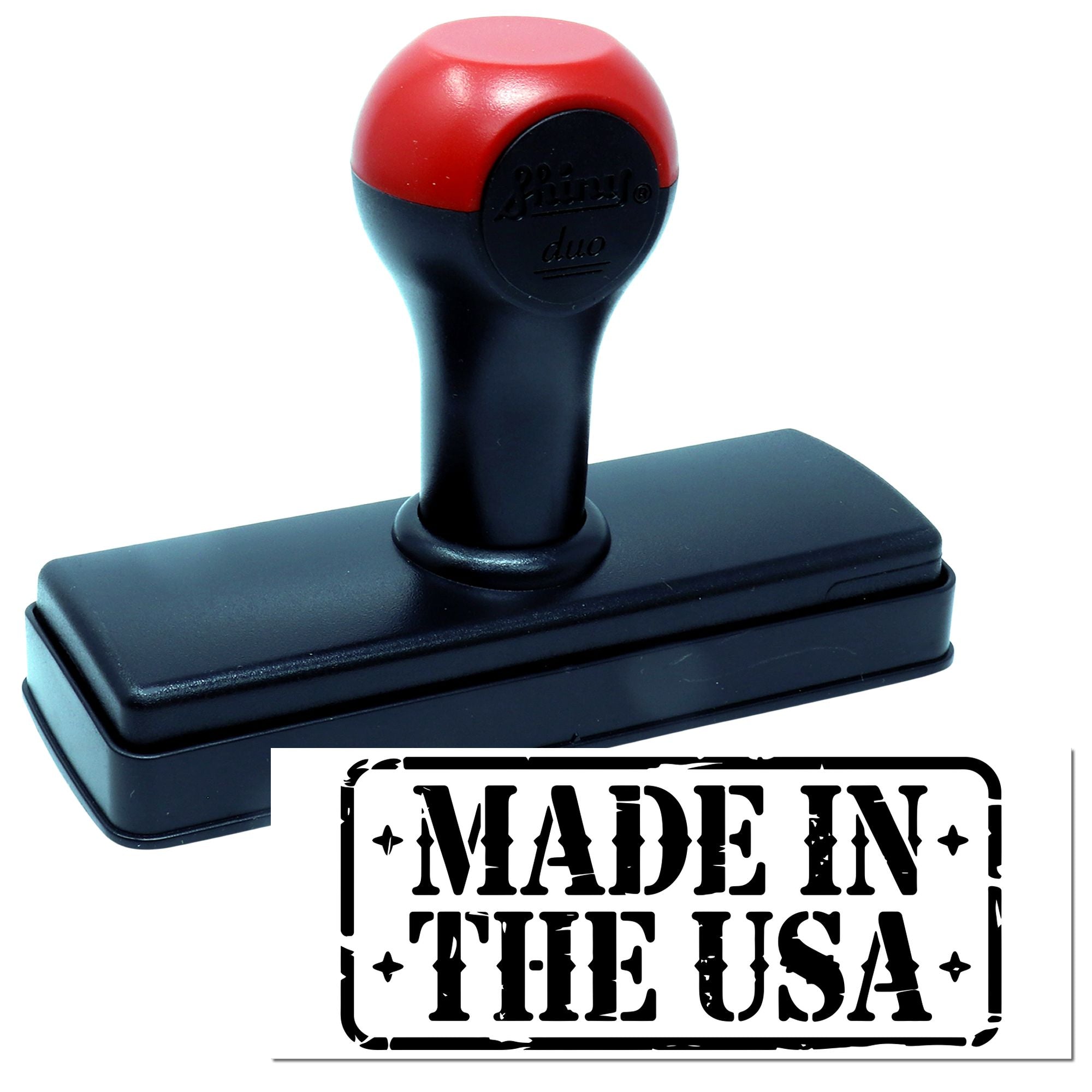 Red and black self-inking stamp and seal with MADE IN THE USA imprint.