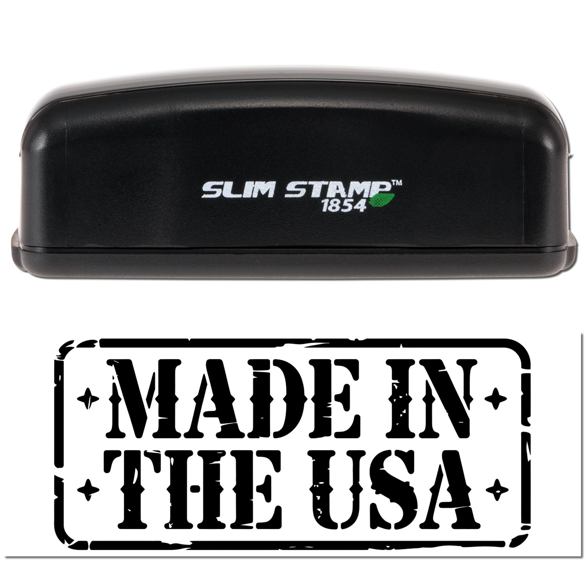 Black Slim Stamp 1854 stamp with green leaf logo and bold MADE IN THE USA seal imprint.