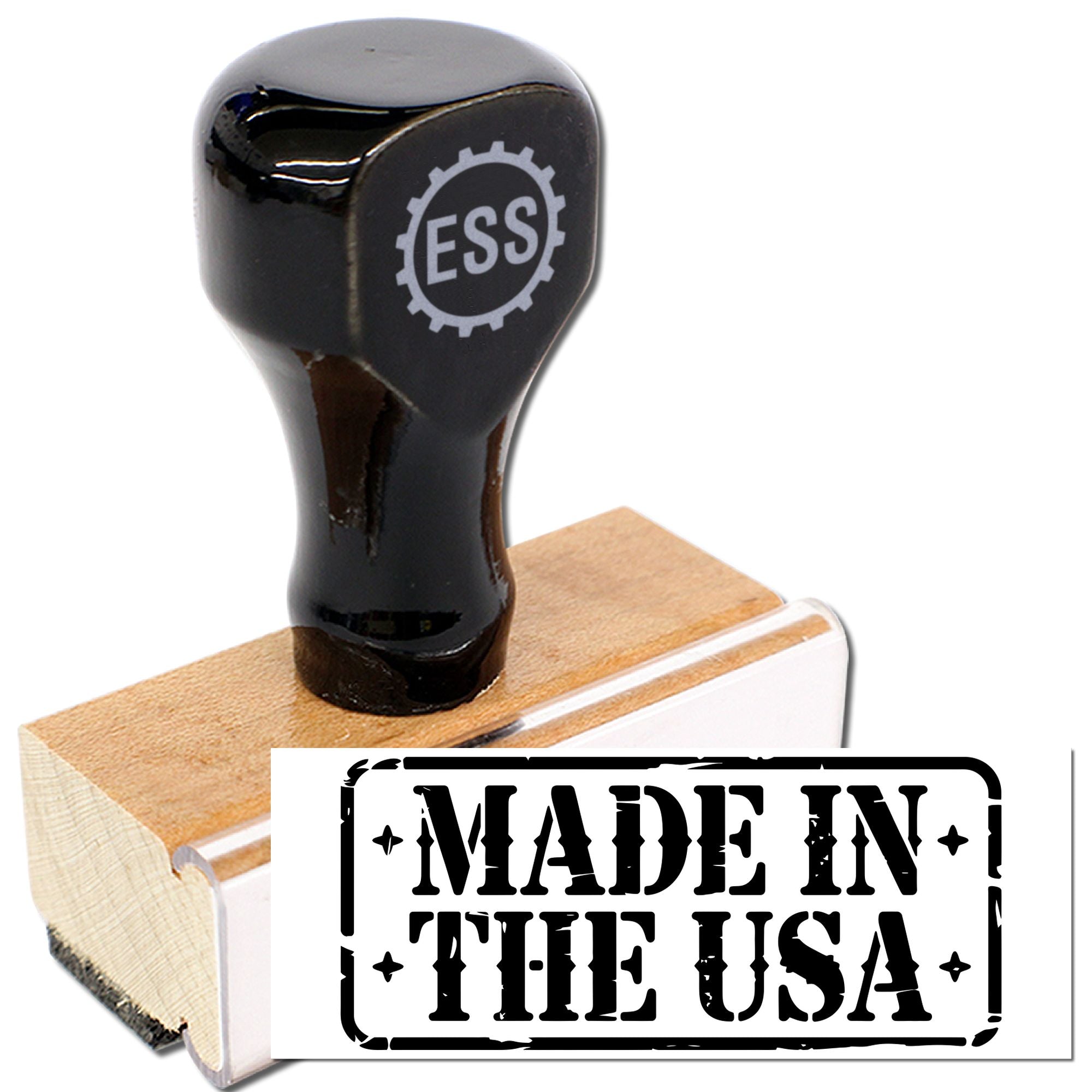 Black custom stamp and wooden seal block with bold MADE IN THE USA imprint on white background