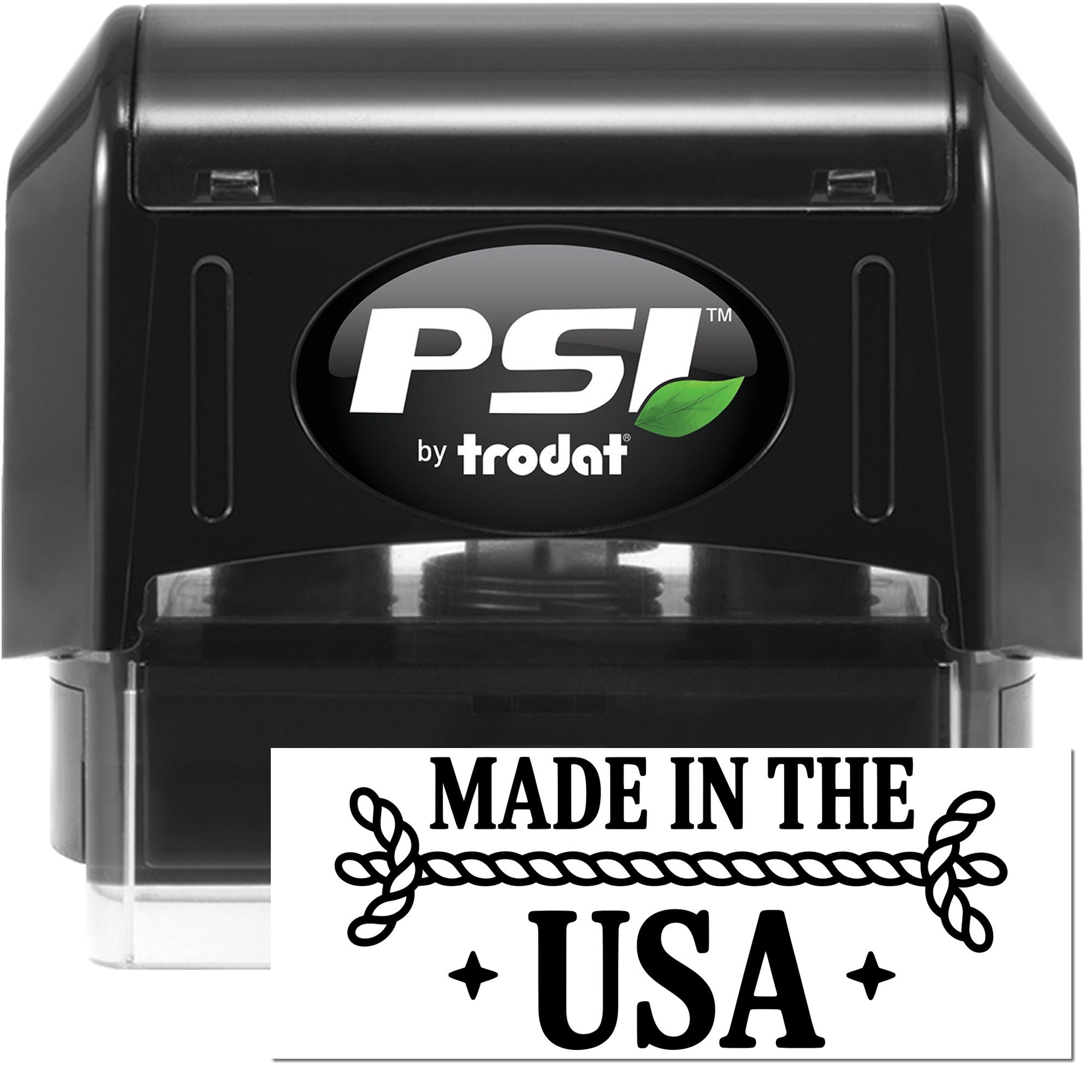Black PSI by Trodat self-inking stamp and Made in the USA seal with green leaf logo.