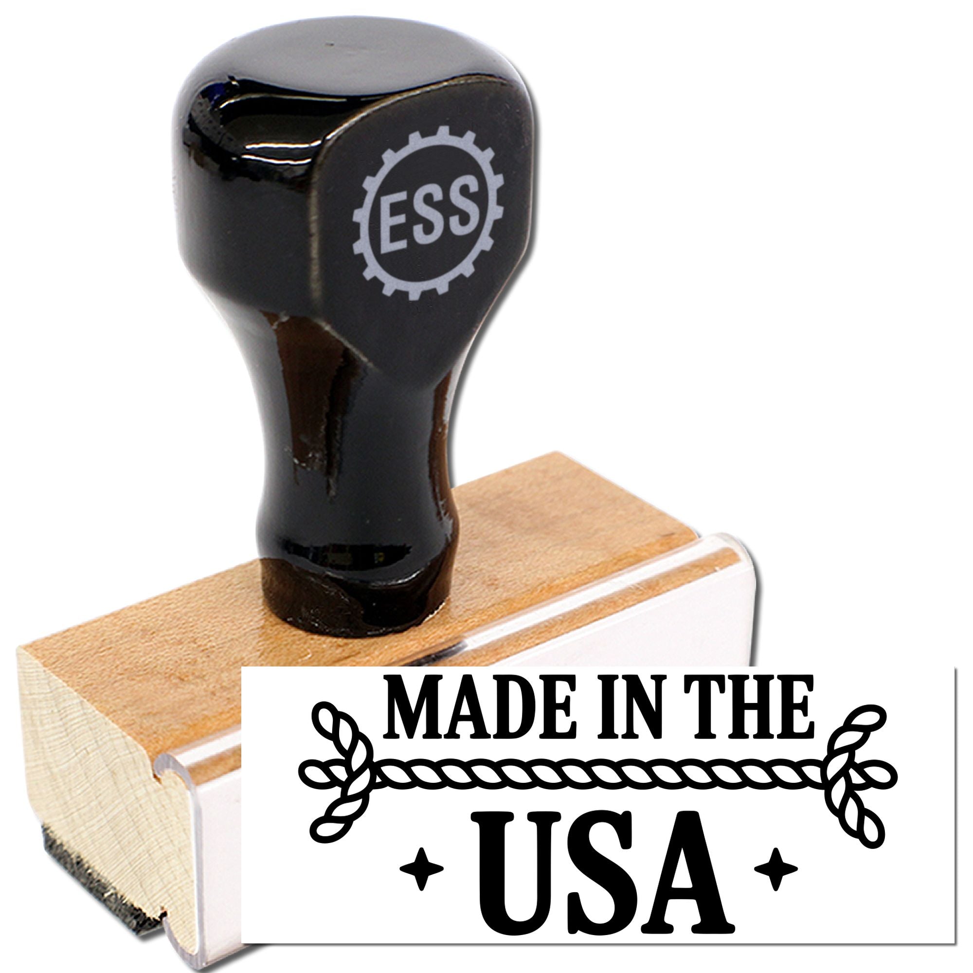 Black custom rubber stamp on wooden base with white Made in the USA seal design