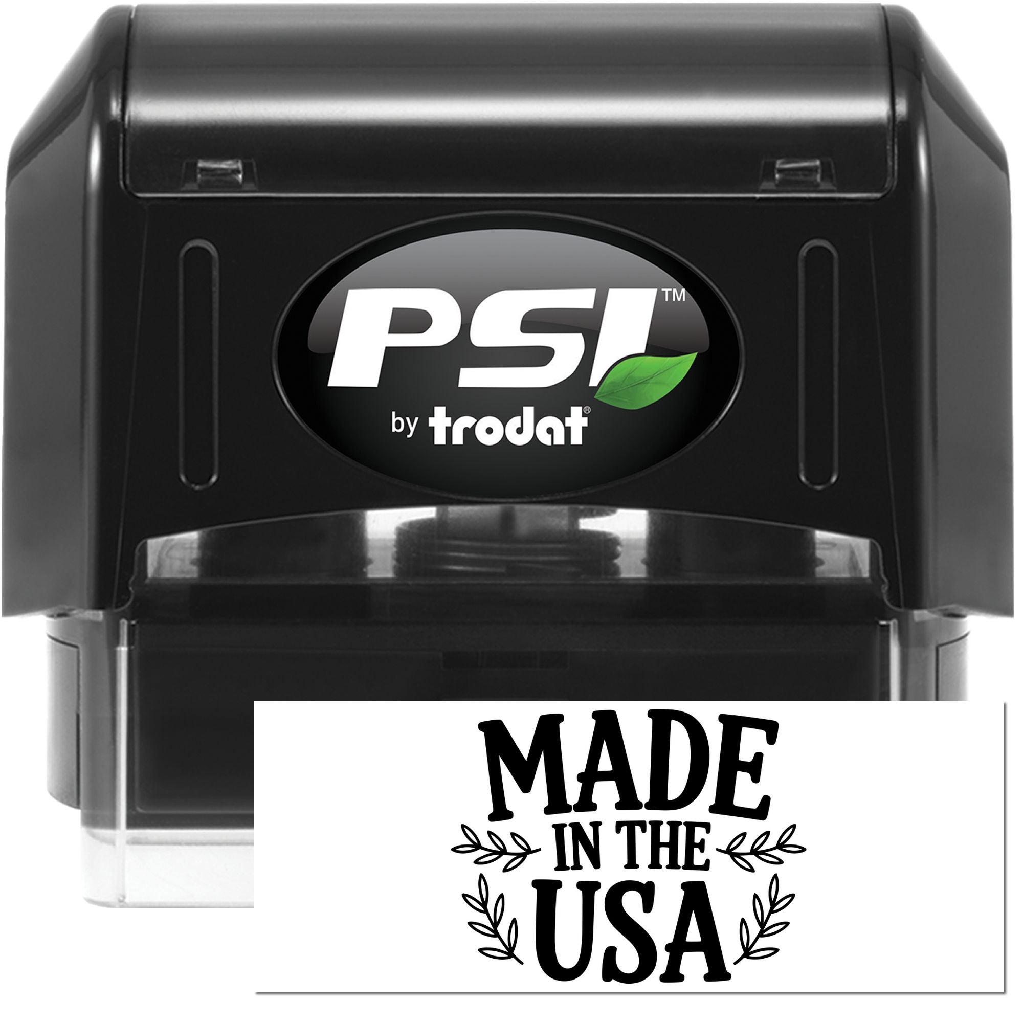 Black PSI by Trodat self-inking stamp and seal with clear base, showing a white Made in the USA imprint