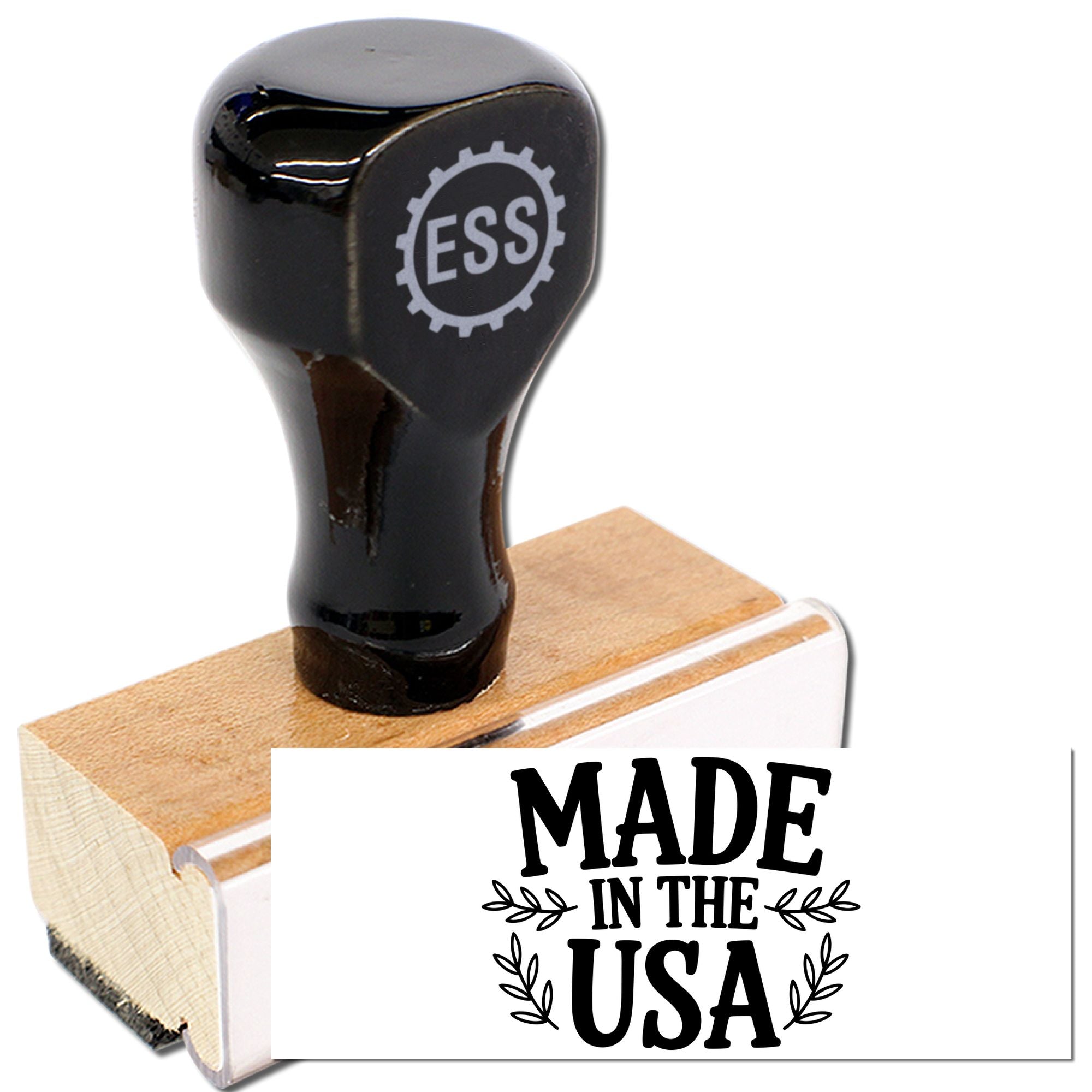 Black rubber stamp with wooden base and Made in the USA seal, featuring an ESS logo and bold black lettering.