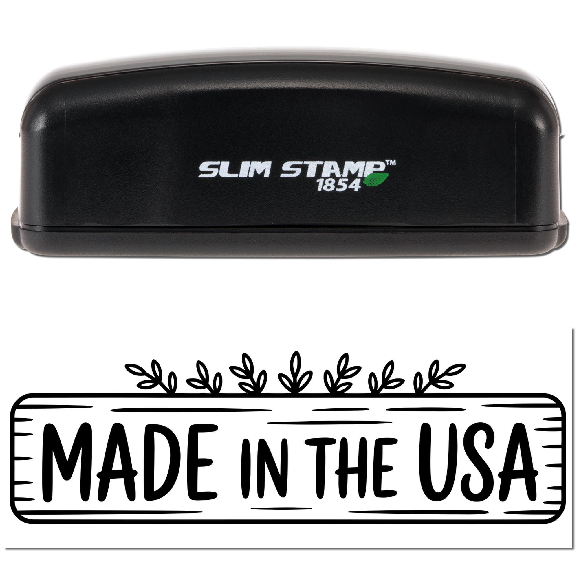 Black Slim Stamp 1854 stamp and a black Made in the USA seal design on white background.