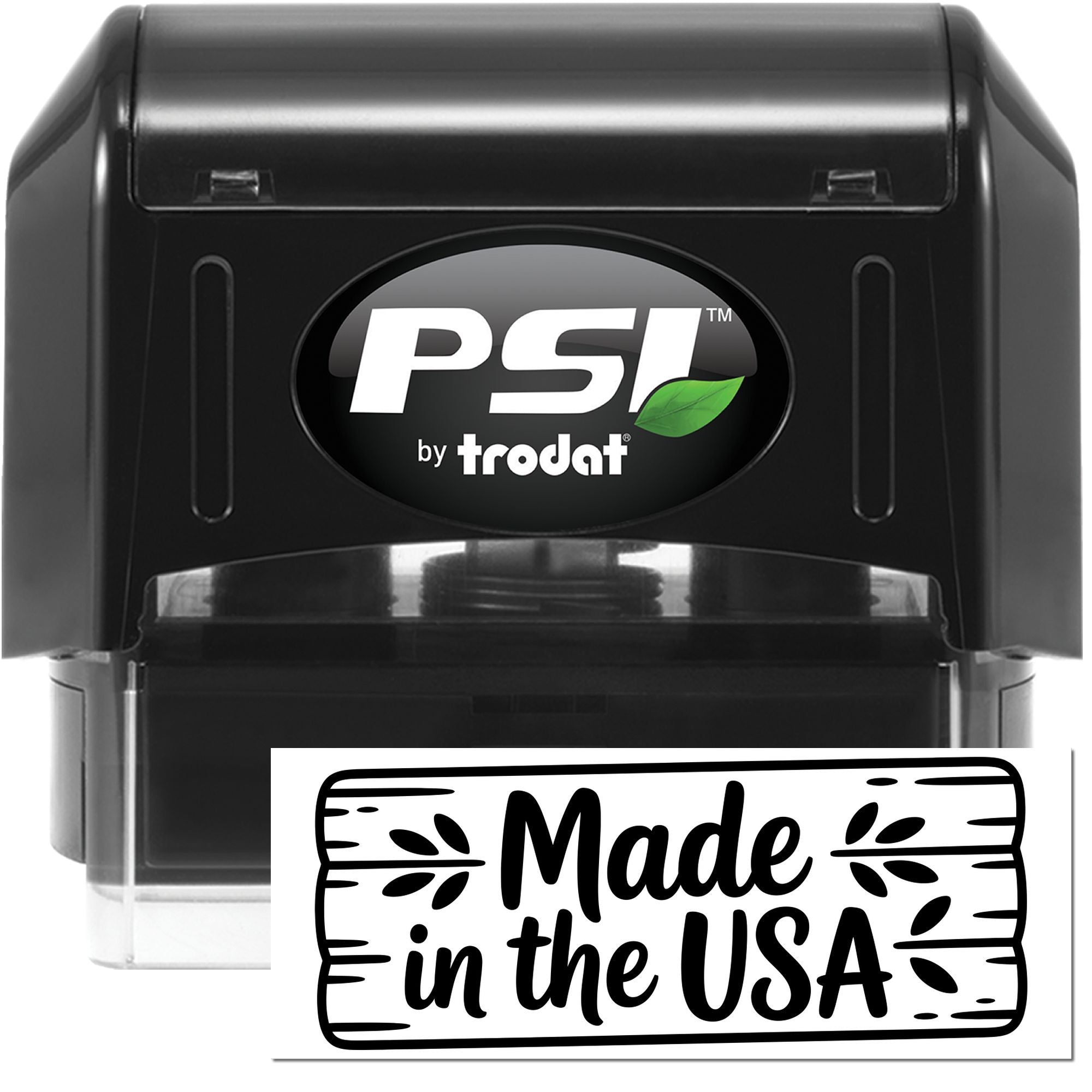 Black PSI by Trodat self-inking stamp and seal with white logo, green leaf accent, and Made in the USA label.