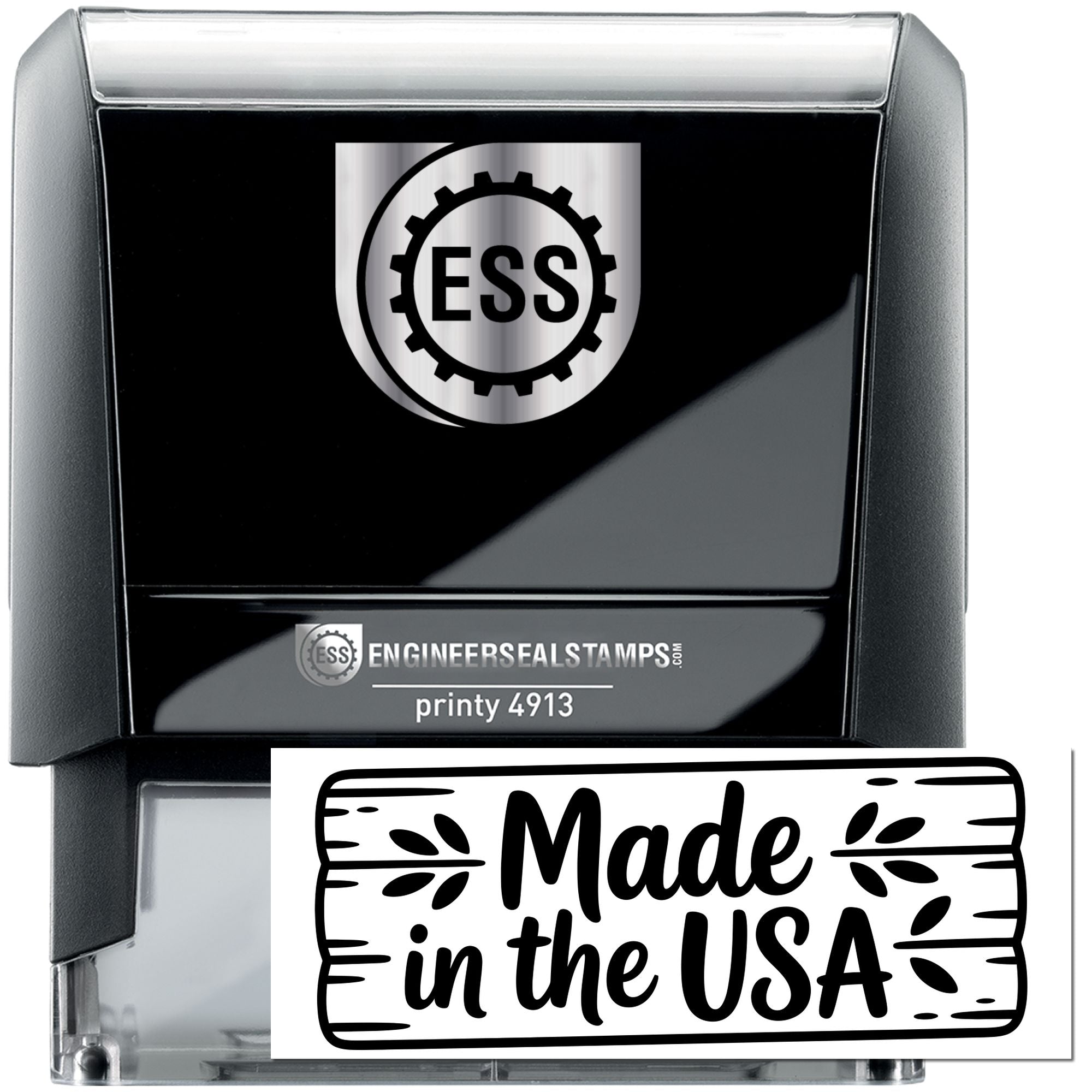 Black and silver ESS self-inking stamp and seal, Printy 4913, with Made in the USA emblem.