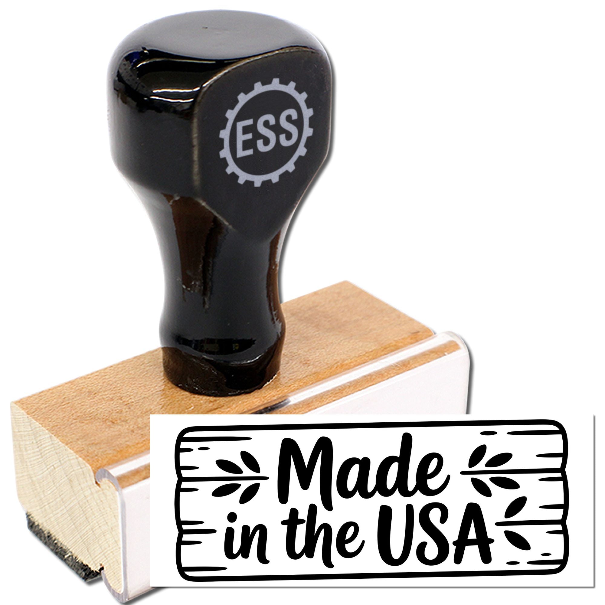 Black rubber stamp and wooden seal block with ESS logo, showing Made in the USA imprint.