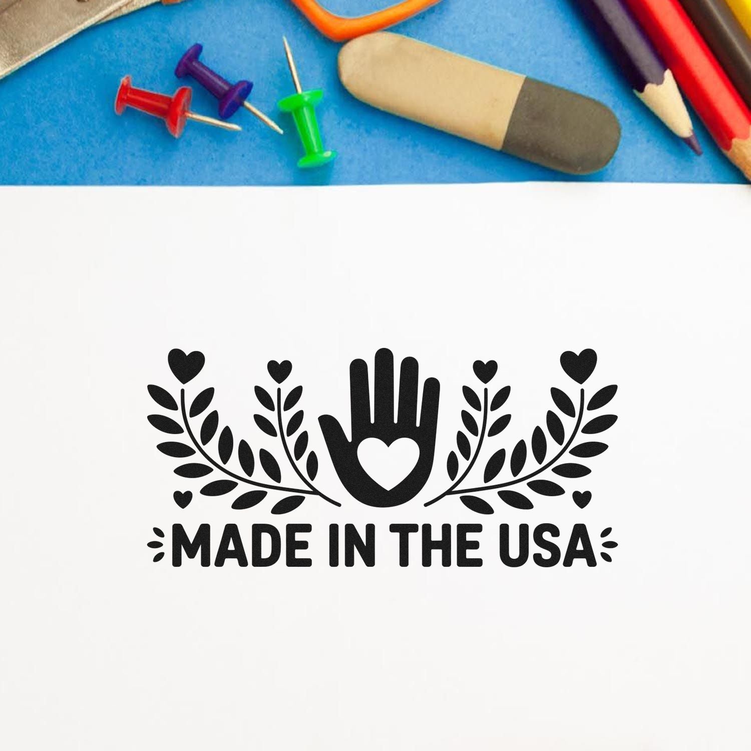 Black Made in the USA stamp and seal design on white paper, with blue background, colorful pins, pencil, and eraser.