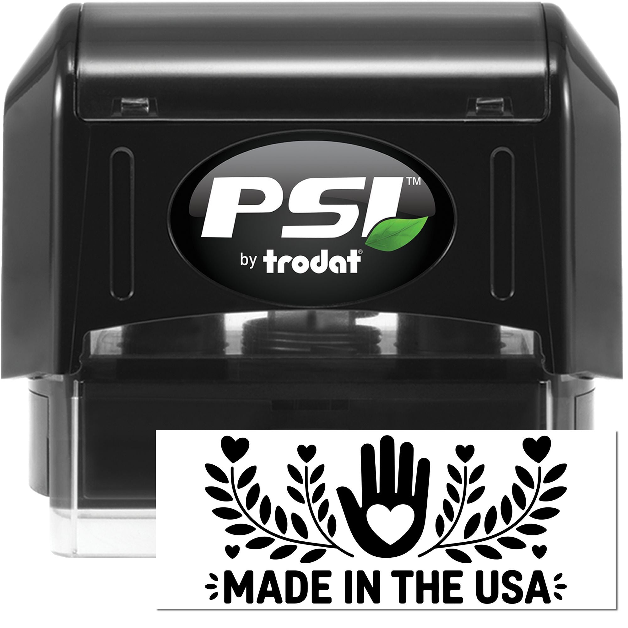 Black PSI by Trodat self-inking stamp in black with green leaf logo and white Made in the USA seal.