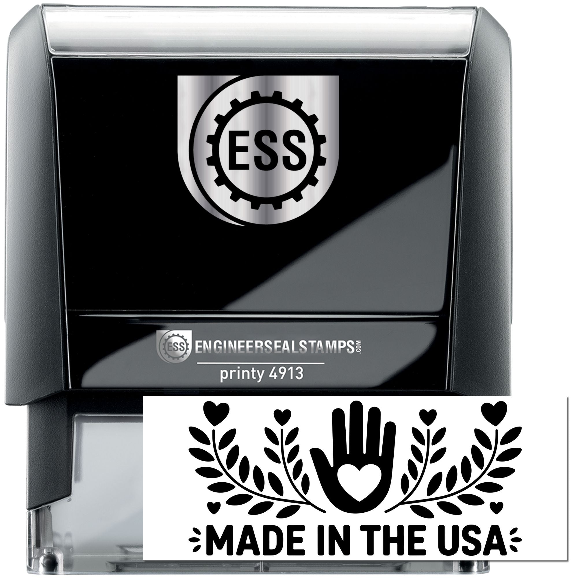 Black and silver ESS Printy 4913 self-inking stamp with Made in the USA seal design.