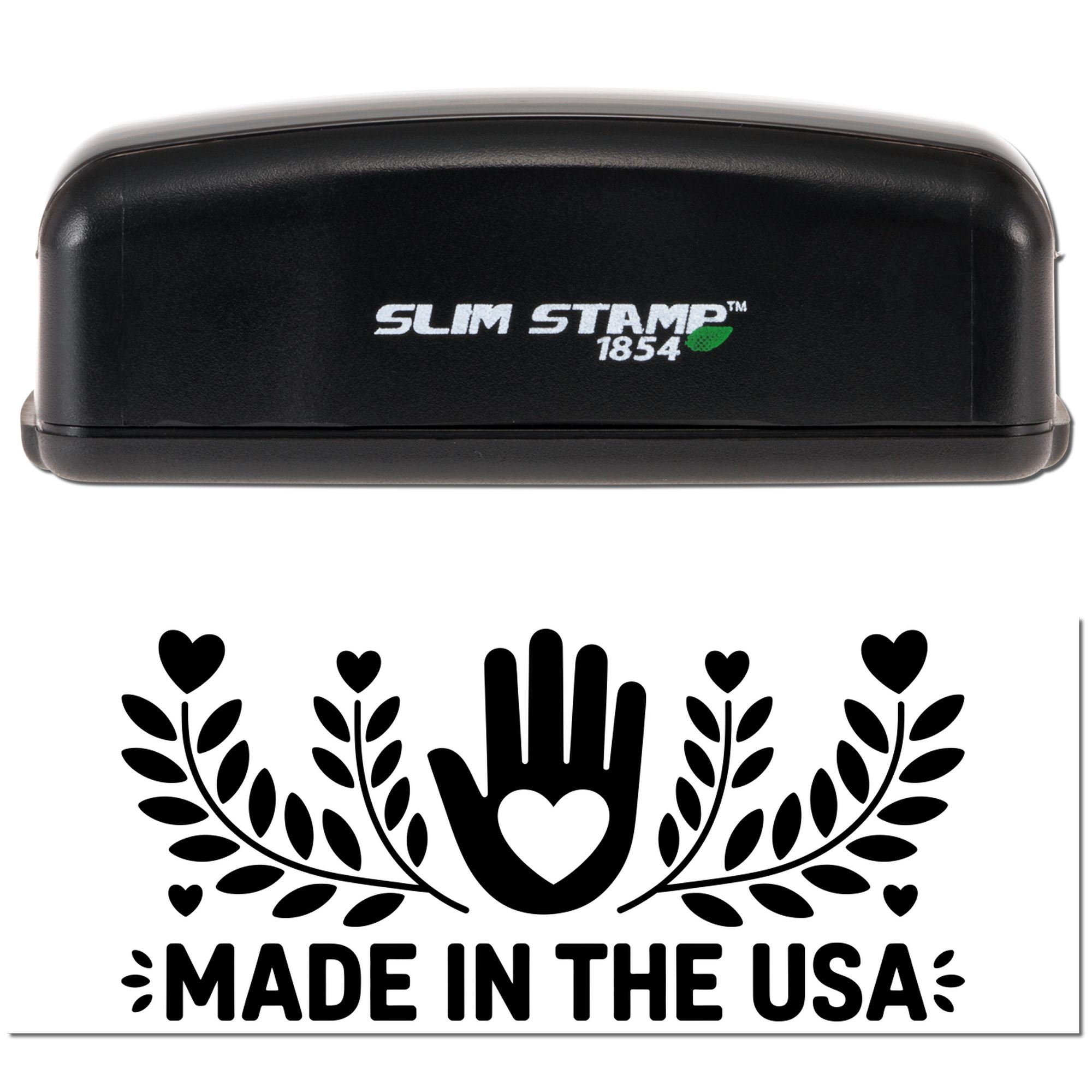 Black Slim Stamp 1854 stamp and seal set with white logo and a black Made in the USA emblem with hearts and leaves.