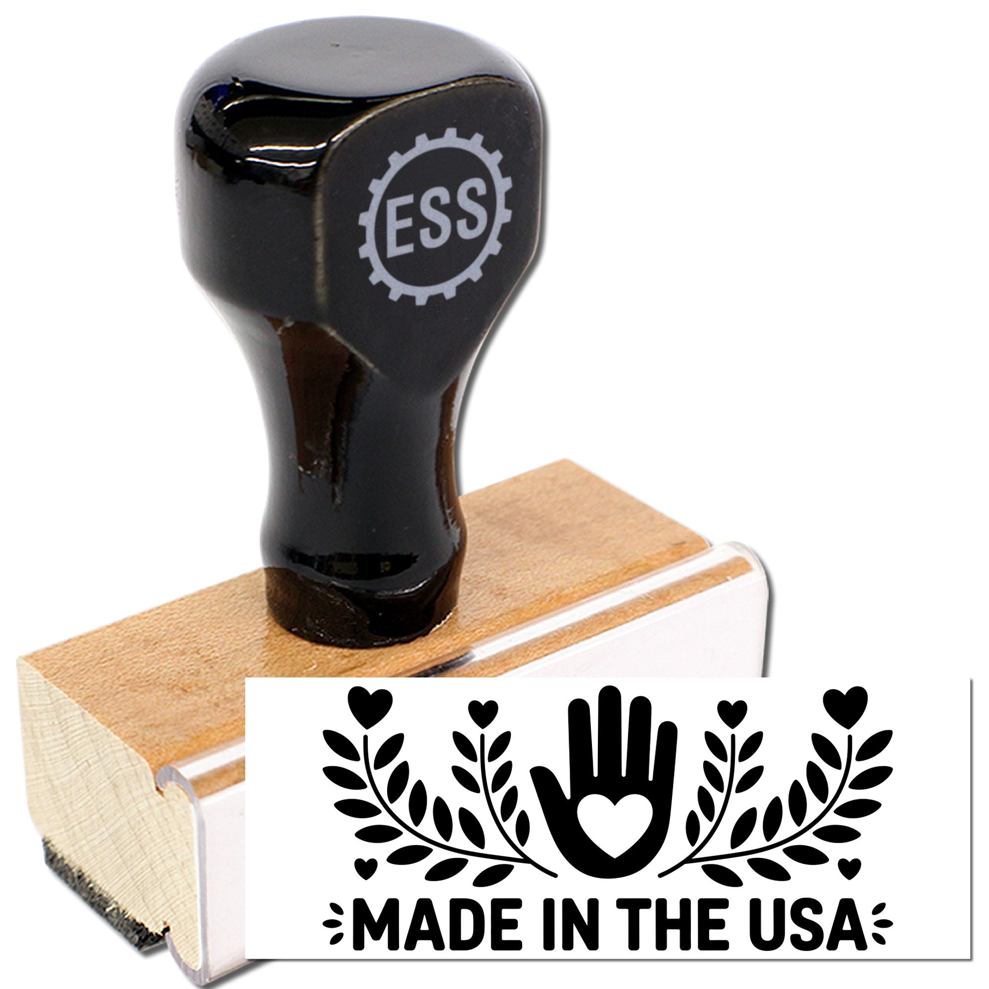 Black self-inking stamp on tan wooden seal block with white Made in the USA design