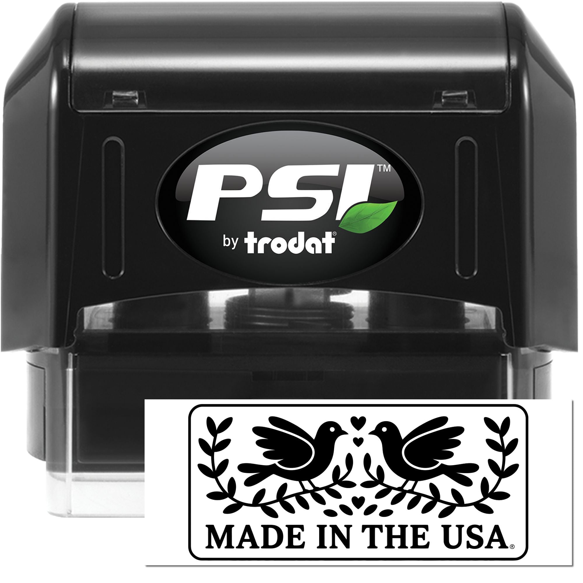 Black PSI by Trodat self-inking stamp and seal dispenser with green leaf logo and Made in the USA emblem.