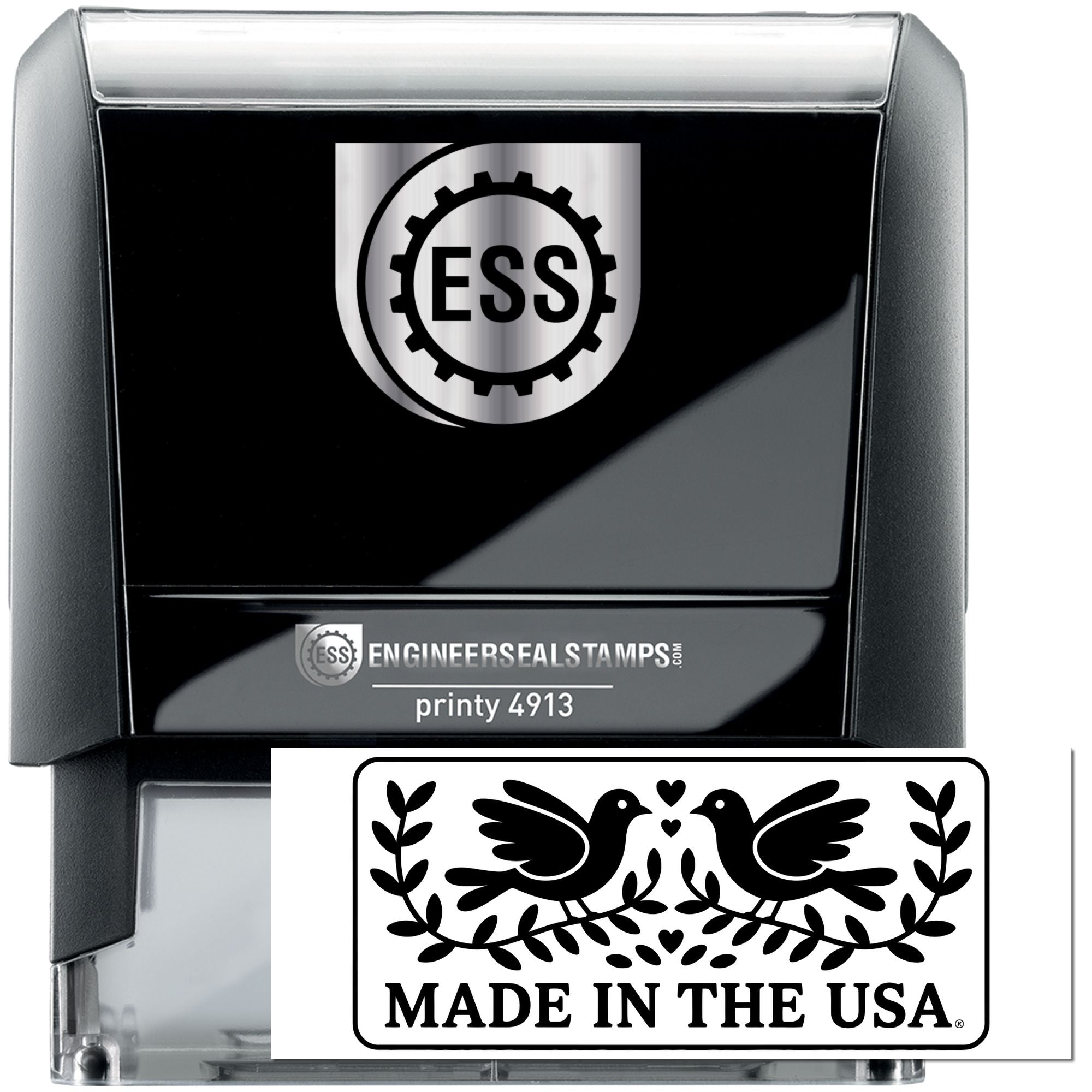 Black Engineer Seal stamp and Made in the USA stamp with silver ESS logo, black accents, and clear plastic cases.