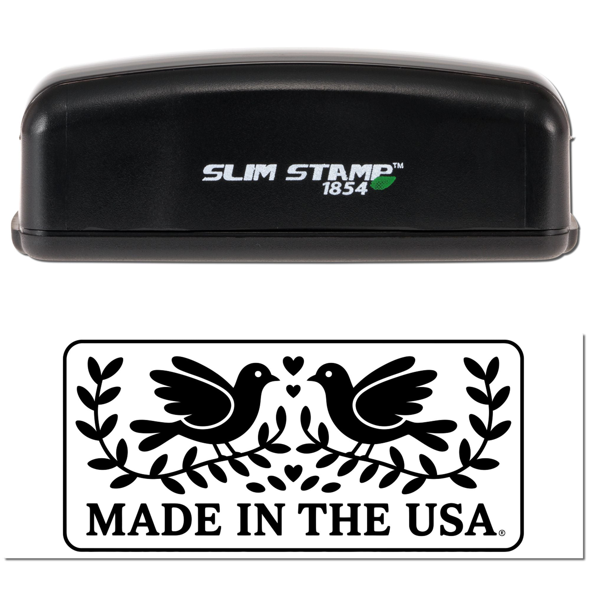 Black Slim Stamp 1854 stamp with green leaf logo above a black Made in the USA seal featuring two doves and hearts.