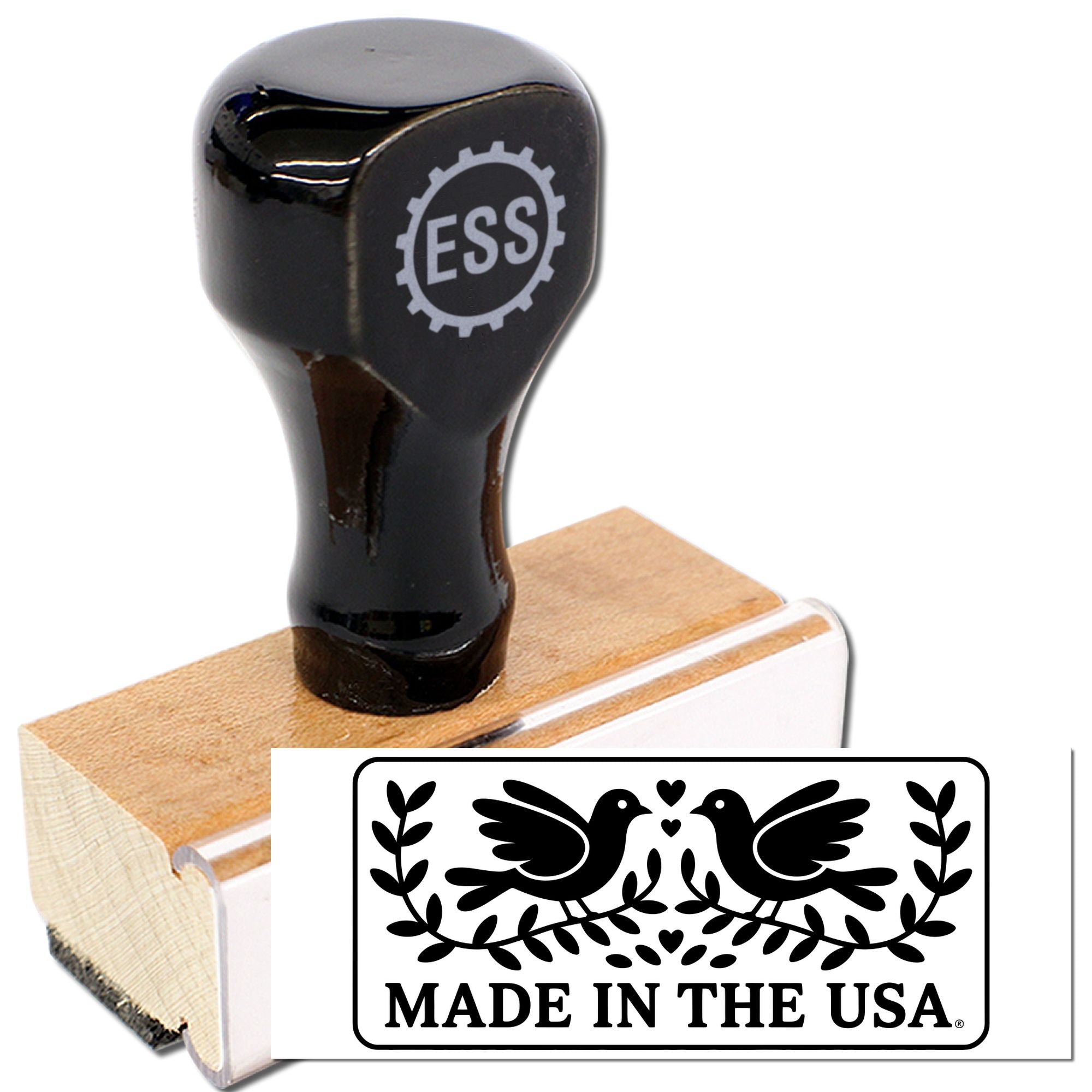 Black ESS rubber stamp on wooden base with Made in the USA seal featuring two birds and hearts.