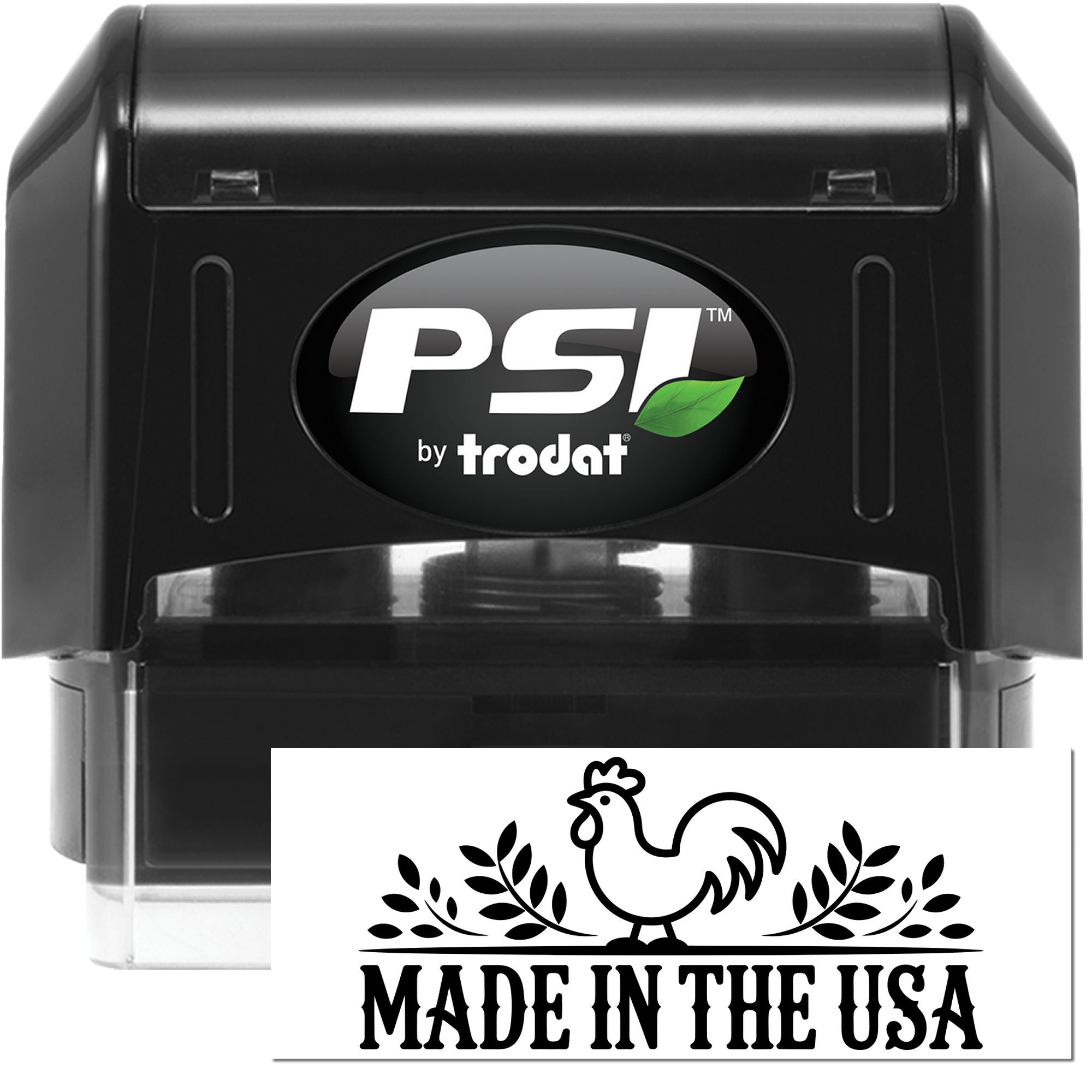 Black PSI by Trodat self-inking stamp with a white Made in the USA seal design and rooster graphic.