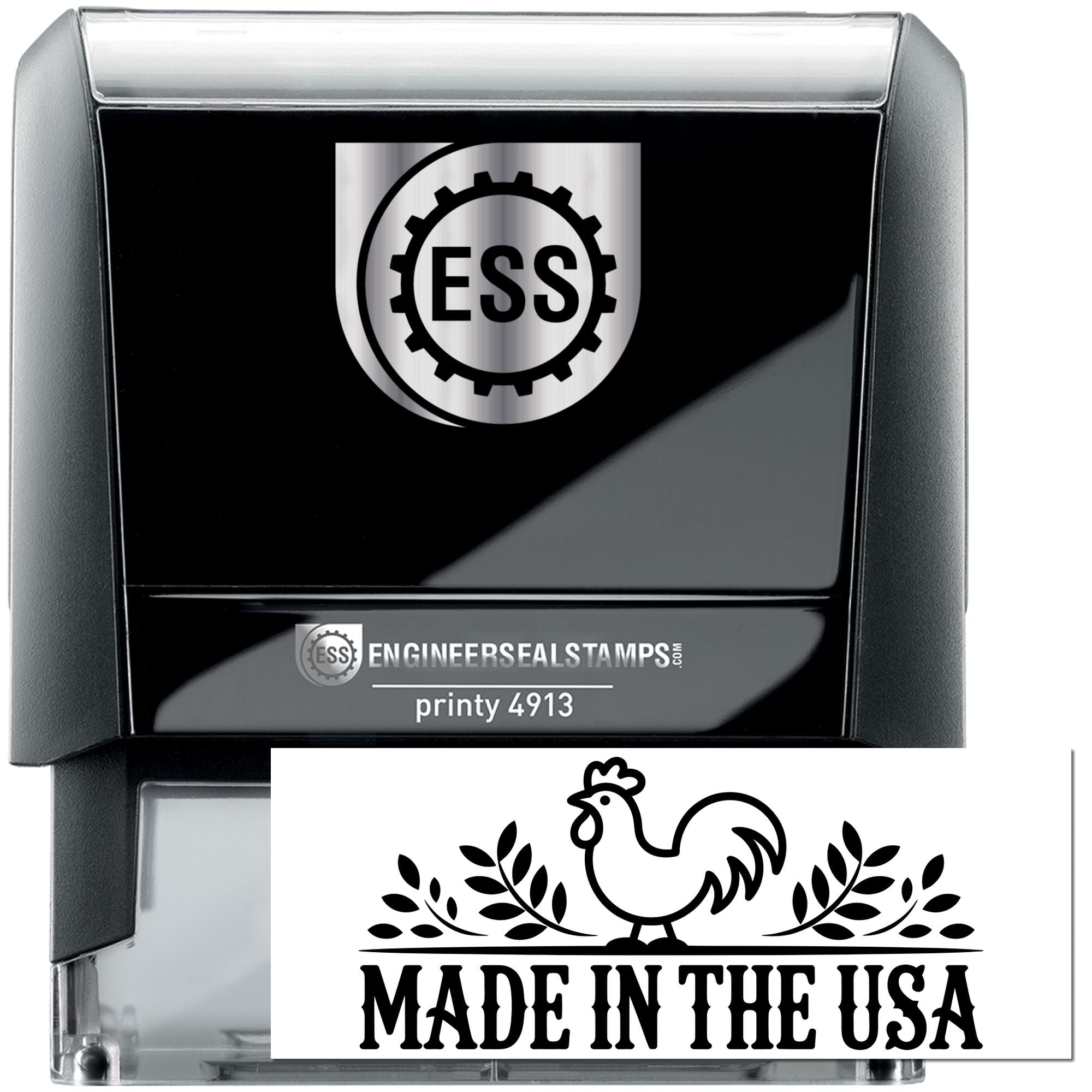 Black self-inking stamp with silver ESS seal and white Made in the USA rooster imprint card