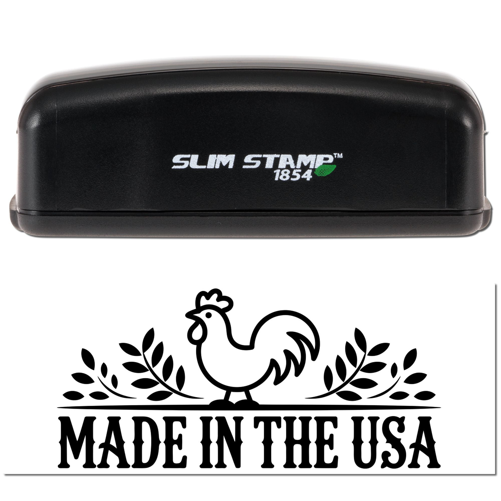Black Slim Stamp 1854 stamp and seal with rooster logo, leafy design, and Made in the USA text