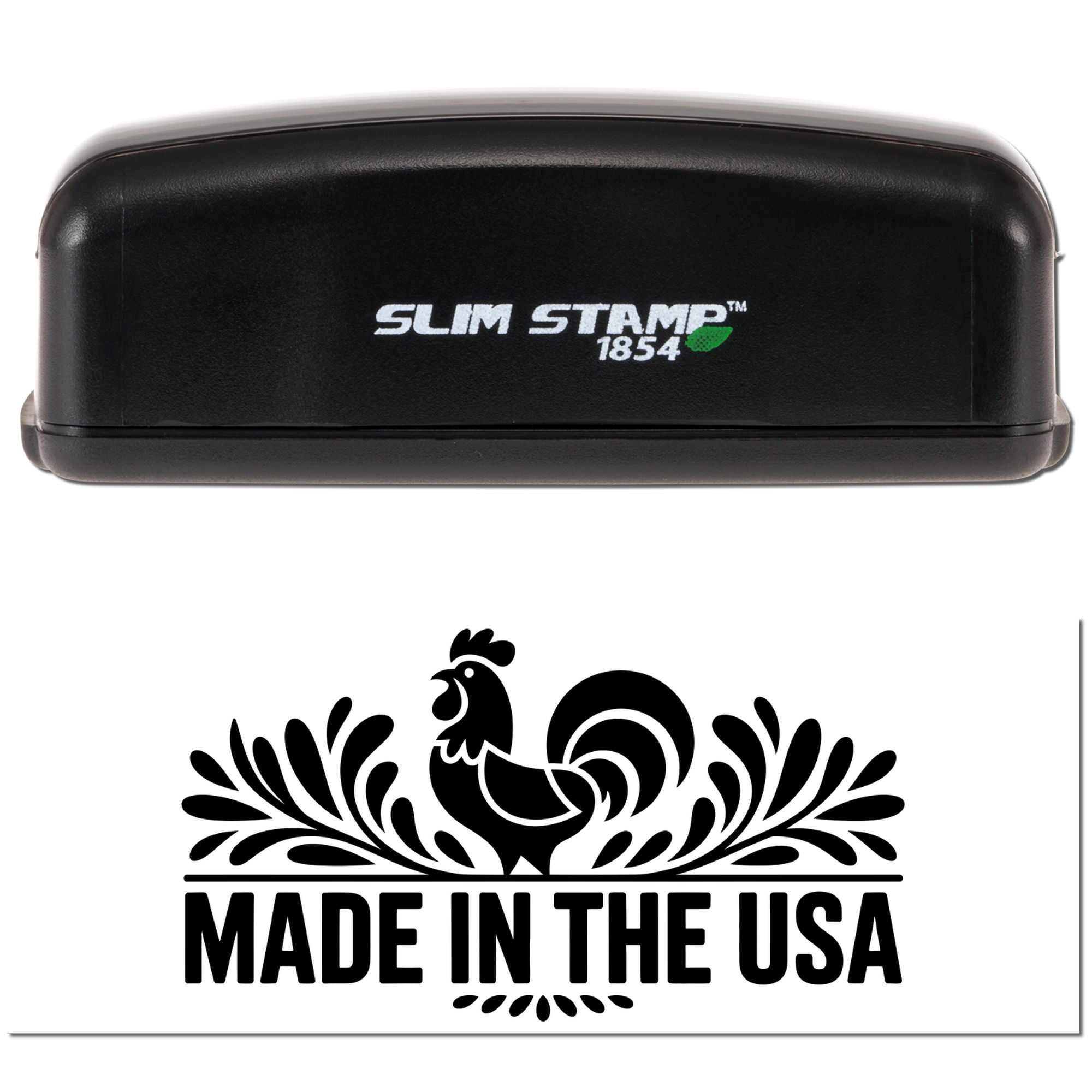 Black Slim Stamp 1854 self-inking stamp with white logo and green leaf, above a bold black Made in the USA seal graphic.