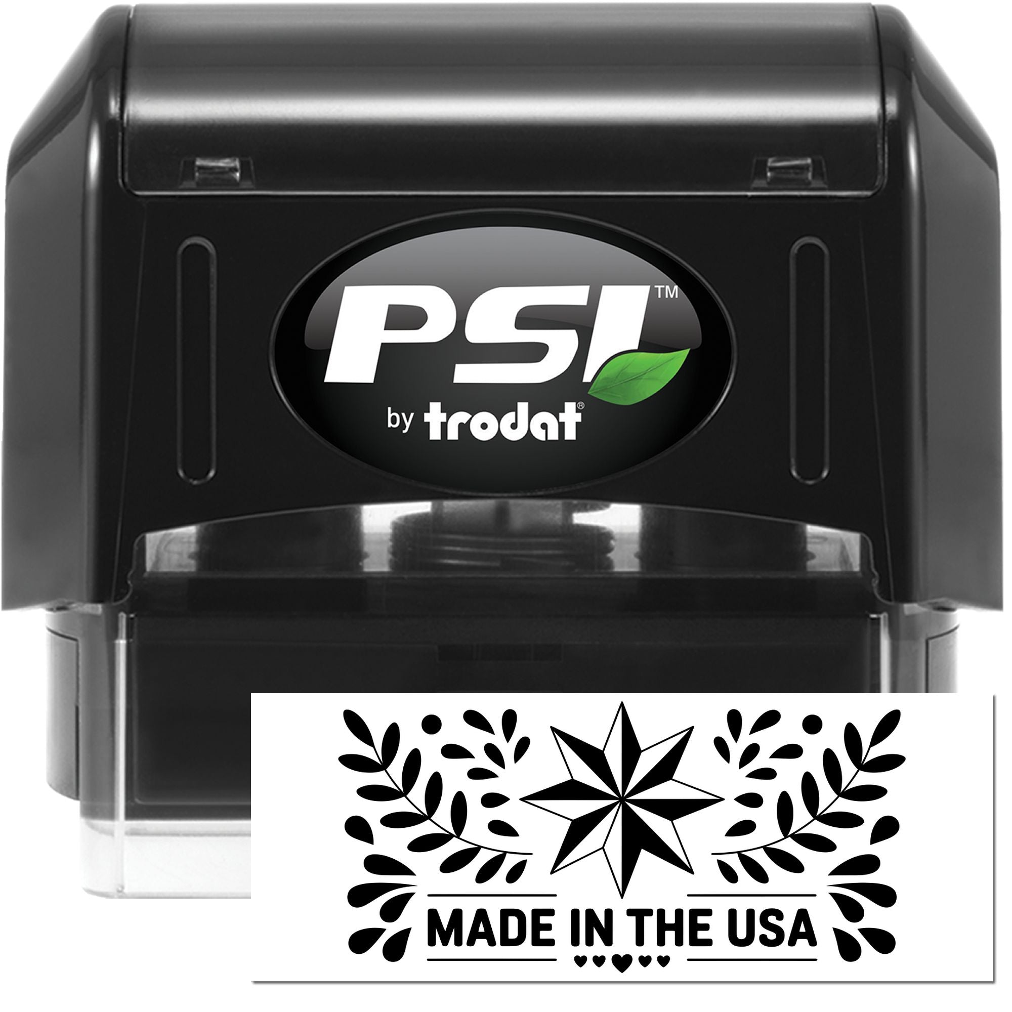 Black PSI by Trodat self-inking stamp and seal with green leaf logo and Made in the USA stamp design.