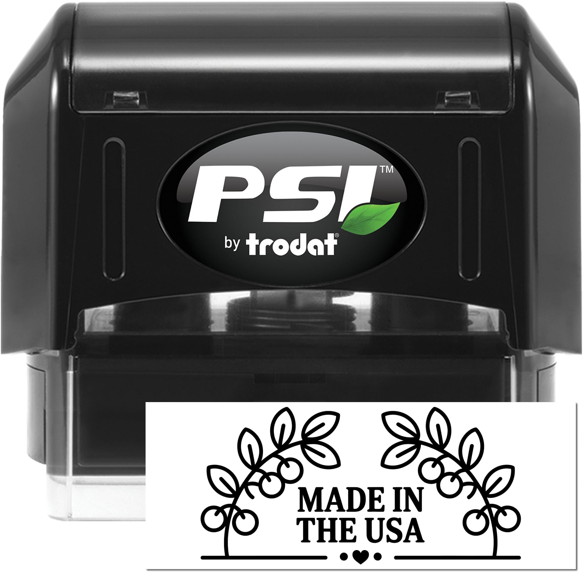 Black PSI by Trodat self-inking stamp with green leaf logo and a Made in the USA seal impression.