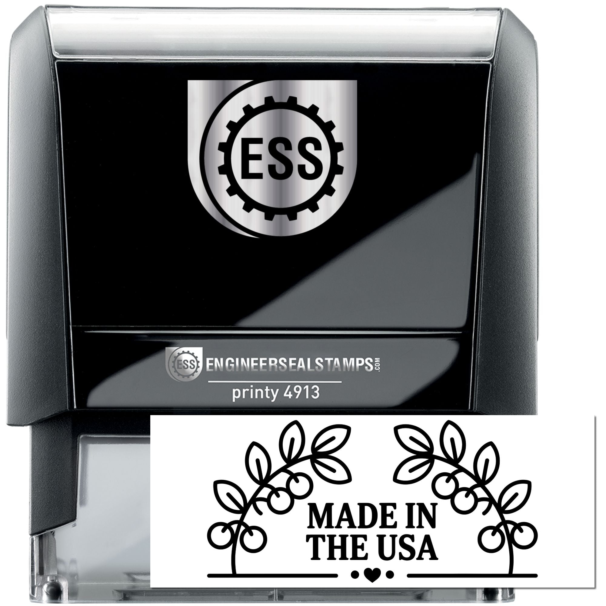 Black and silver self-inking stamp and seal with ESS logo and Made in the USA floral design.