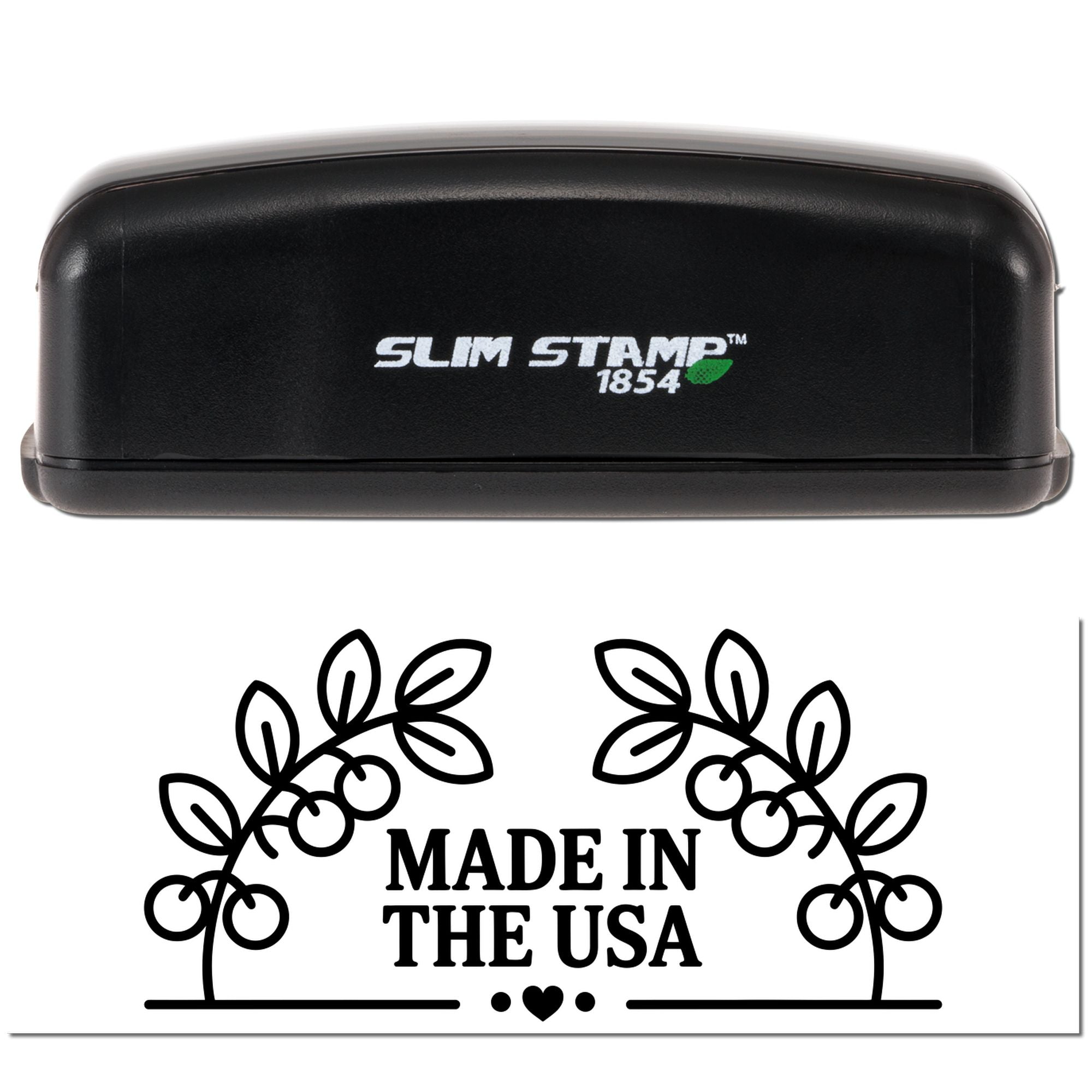 Black Slim Stamp 1854 rubber stamp and Made in the USA seal with black laurel branches, berries, and heart on white background.