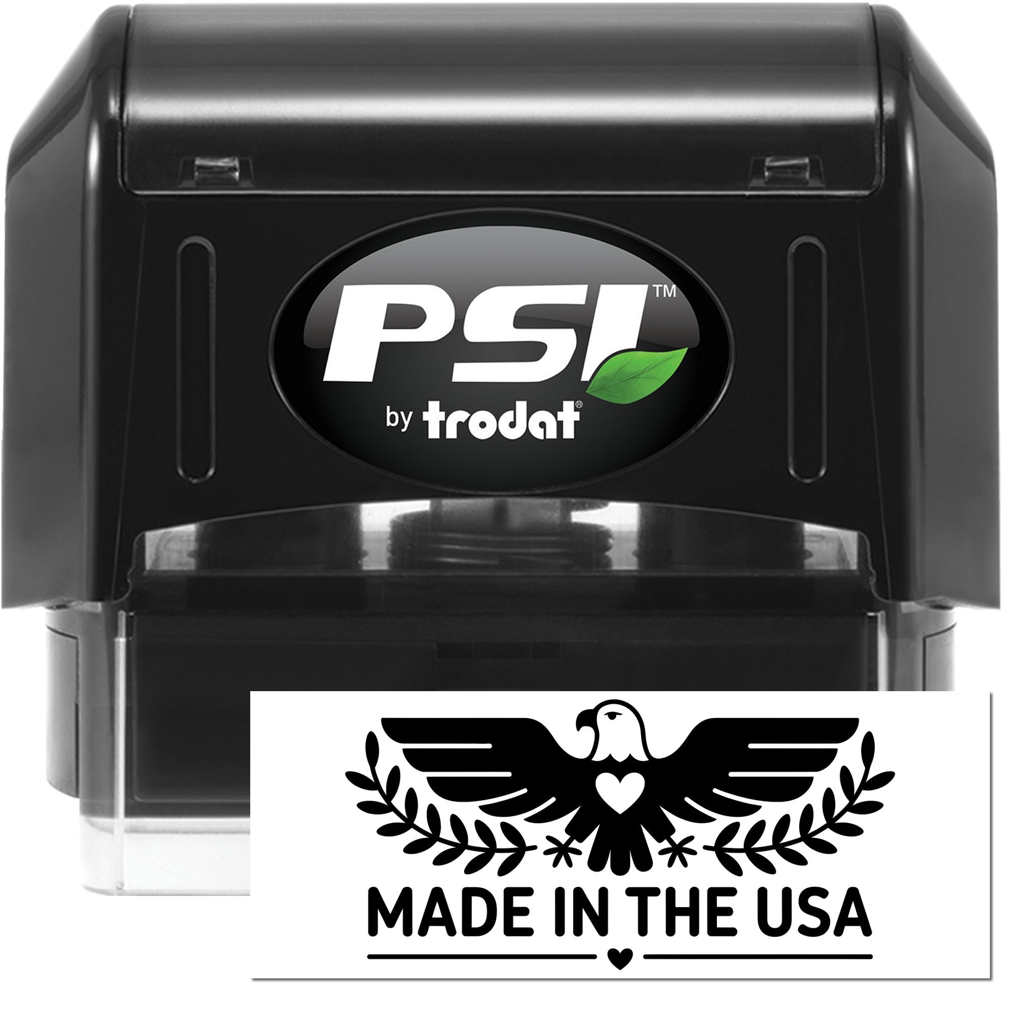 Black PSI by Trodat self-inking stamp in black with green leaf logo and white Made in the USA seal impression.