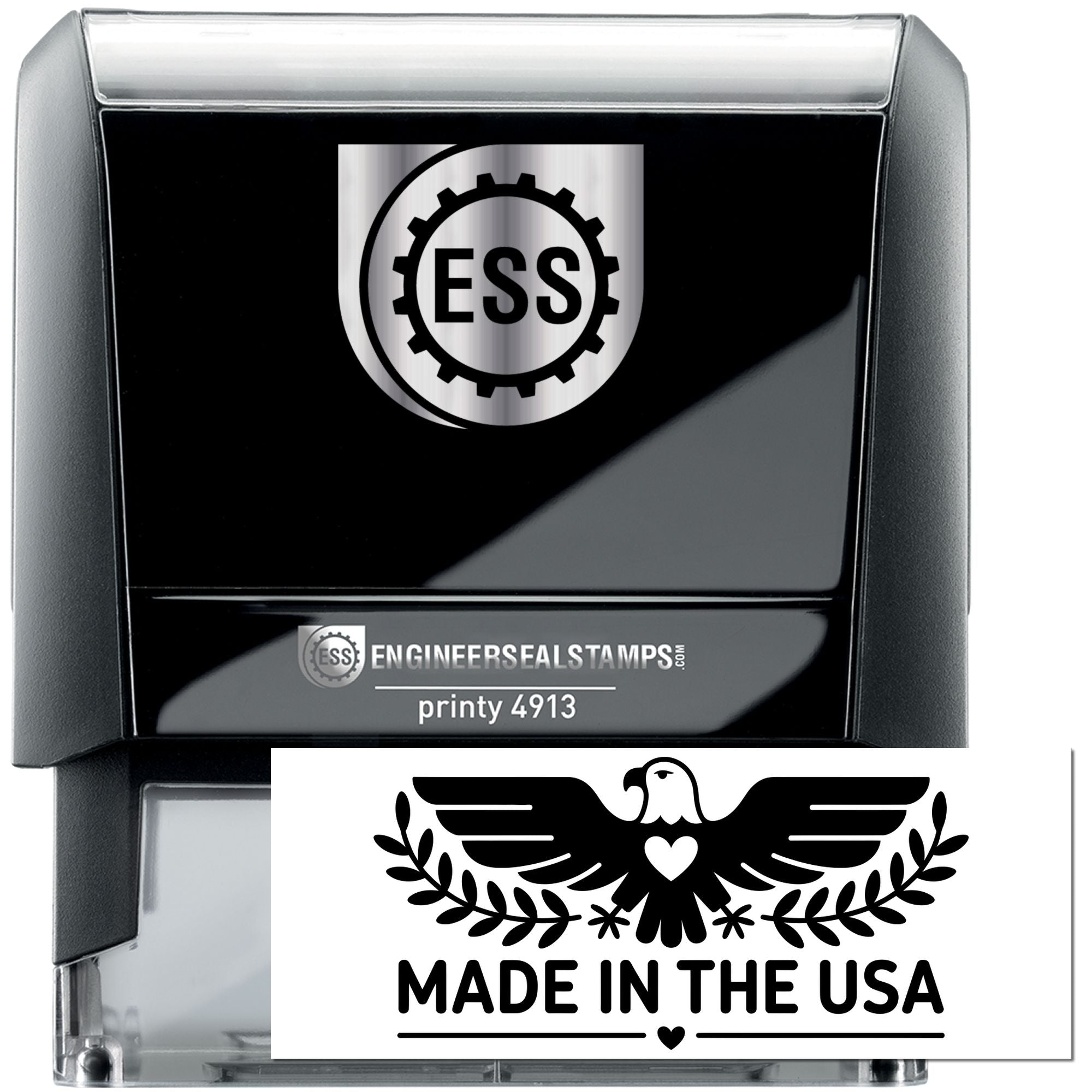 Black self-inking engineer seal stamp with ESS logo, silver accents, and a white Made in the USA seal imprint.