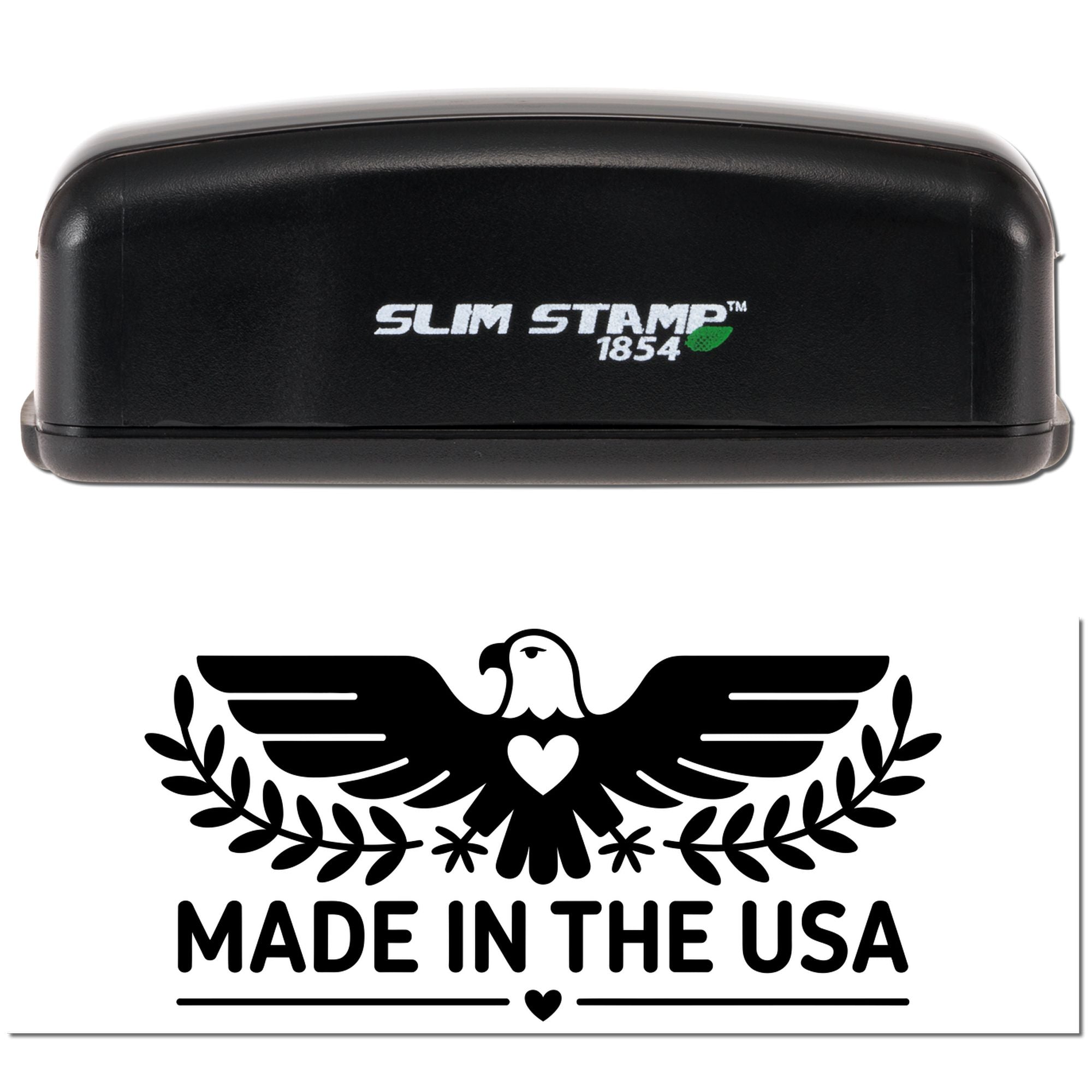 Black Slim Stamp 1854 embossing stamp with green logo and white Made in the USA eagle seal graphic.