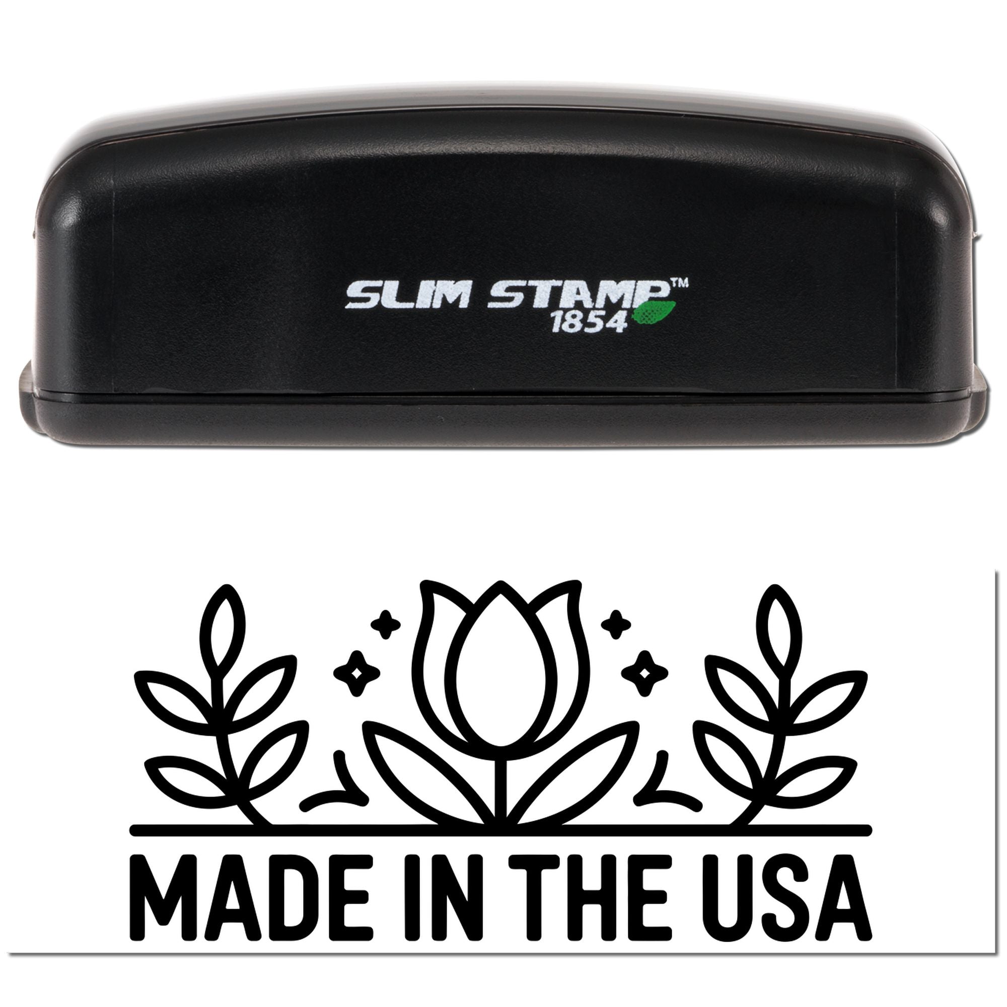 Black Slim Stamp 1854 stamp device above a bold floral Made in the USA seal design on a white background.