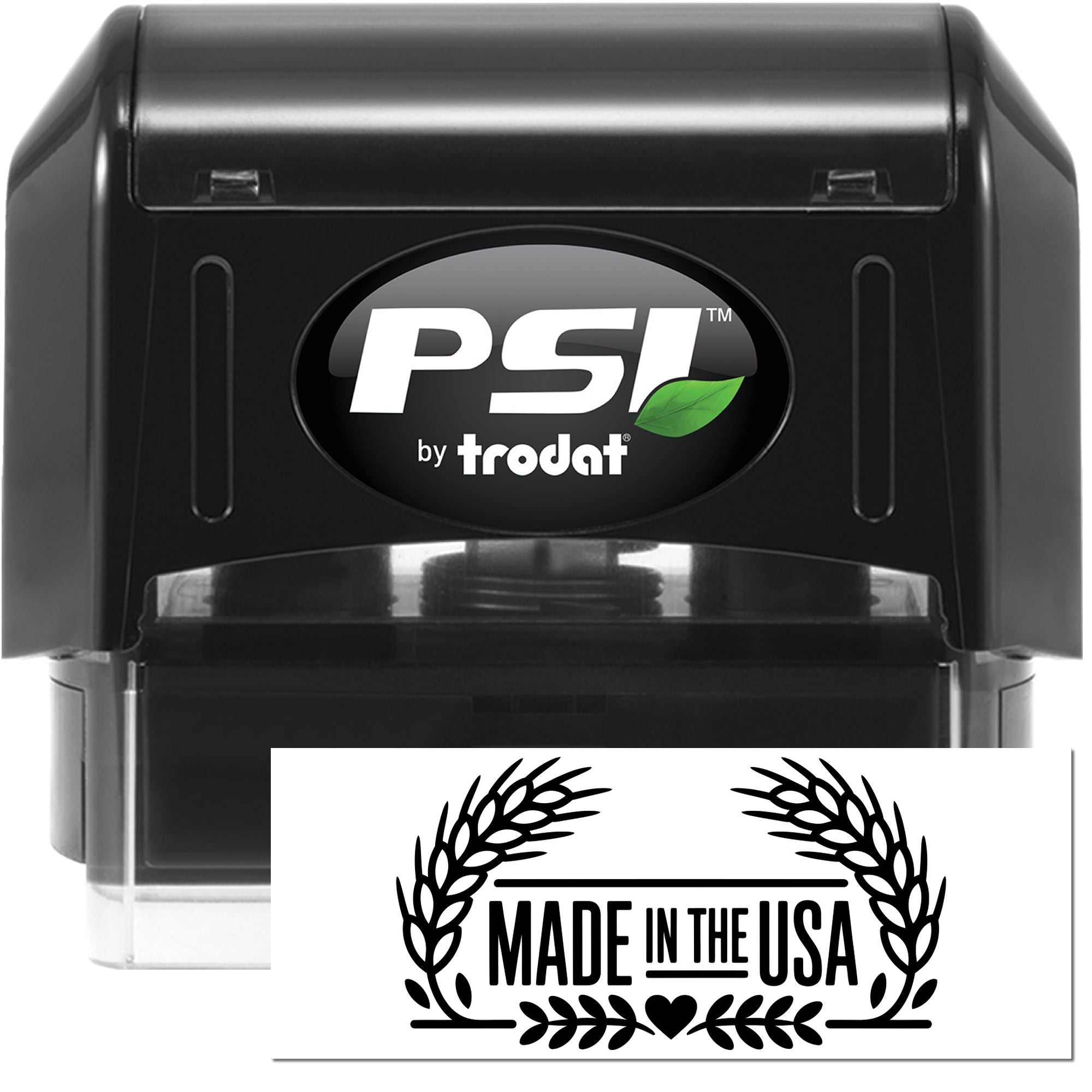 Black PSI by Trodat self-inking stamp and Made in the USA seal with white logo and green leaf accent