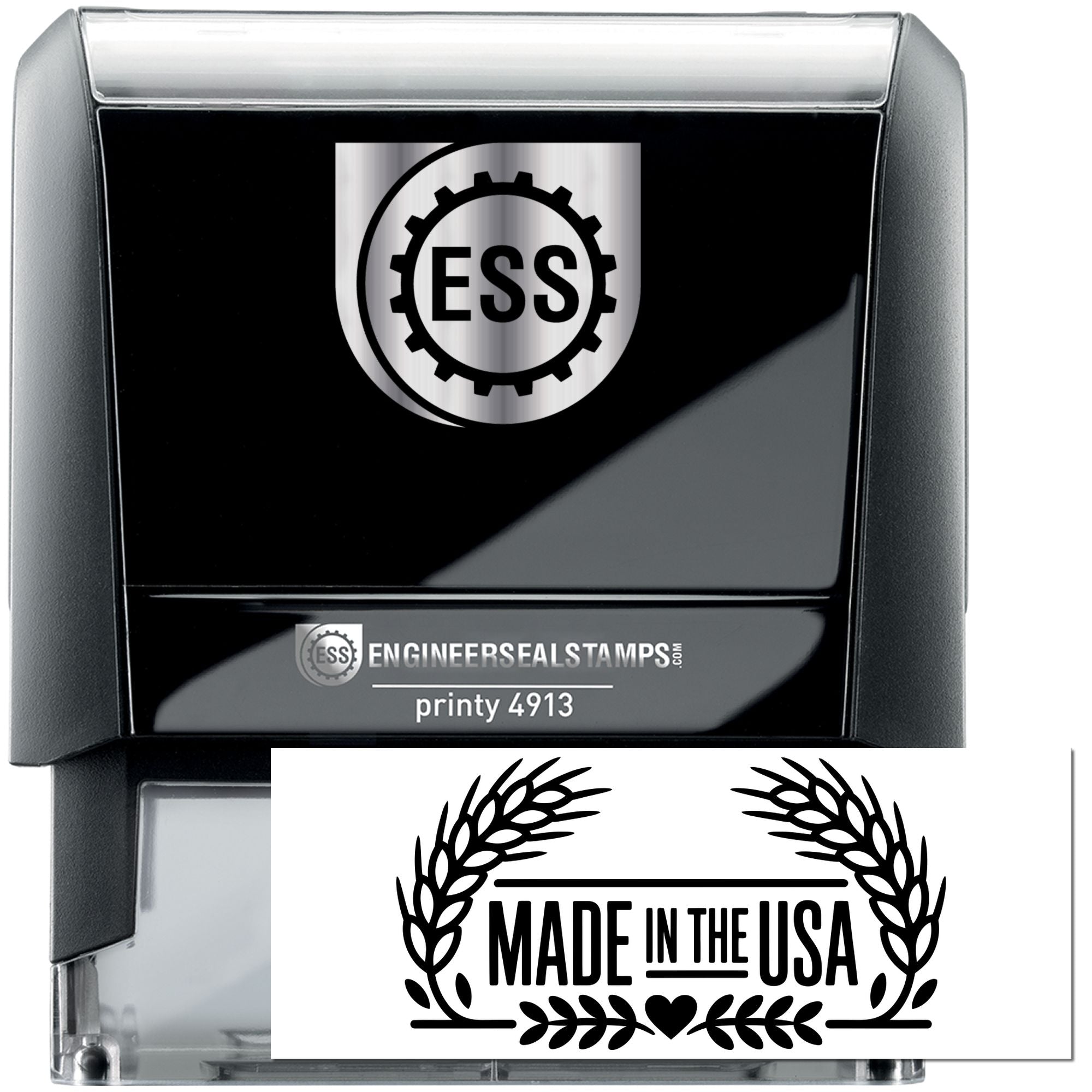 Black self-inking stamp and seal set with silver trim, ESS logo, and white Made in the USA emblem.