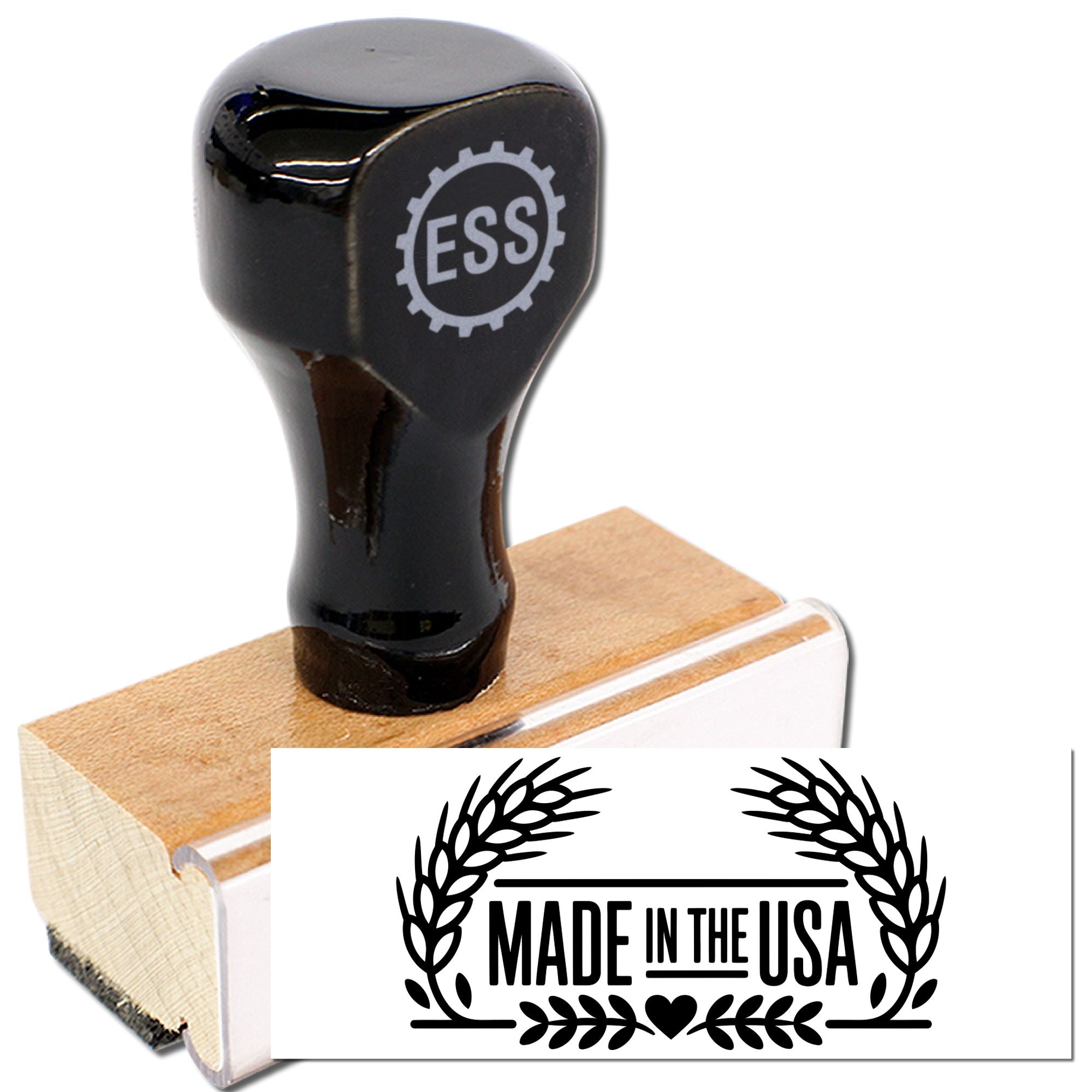 Black ESS rubber stamp on a wooden block with a black-and-white Made in the USA seal design.