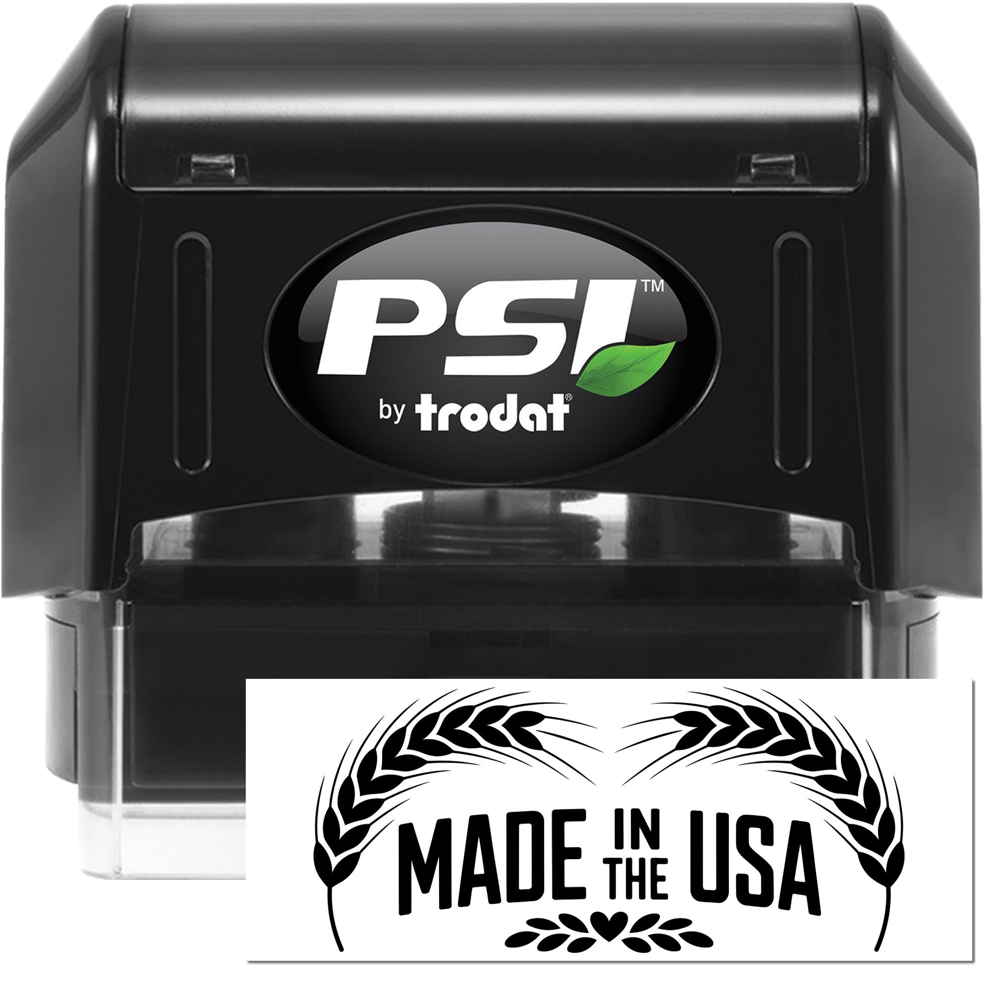Black PSI by Trodat self-inking stamp and seal with green leaf logo and Made in the USA seal design.