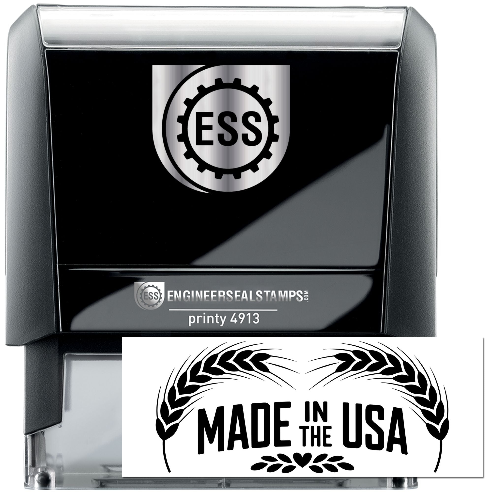 Black self-inking engineer seal stamp with silver top, ESS logo, and Made in the USA seal design.