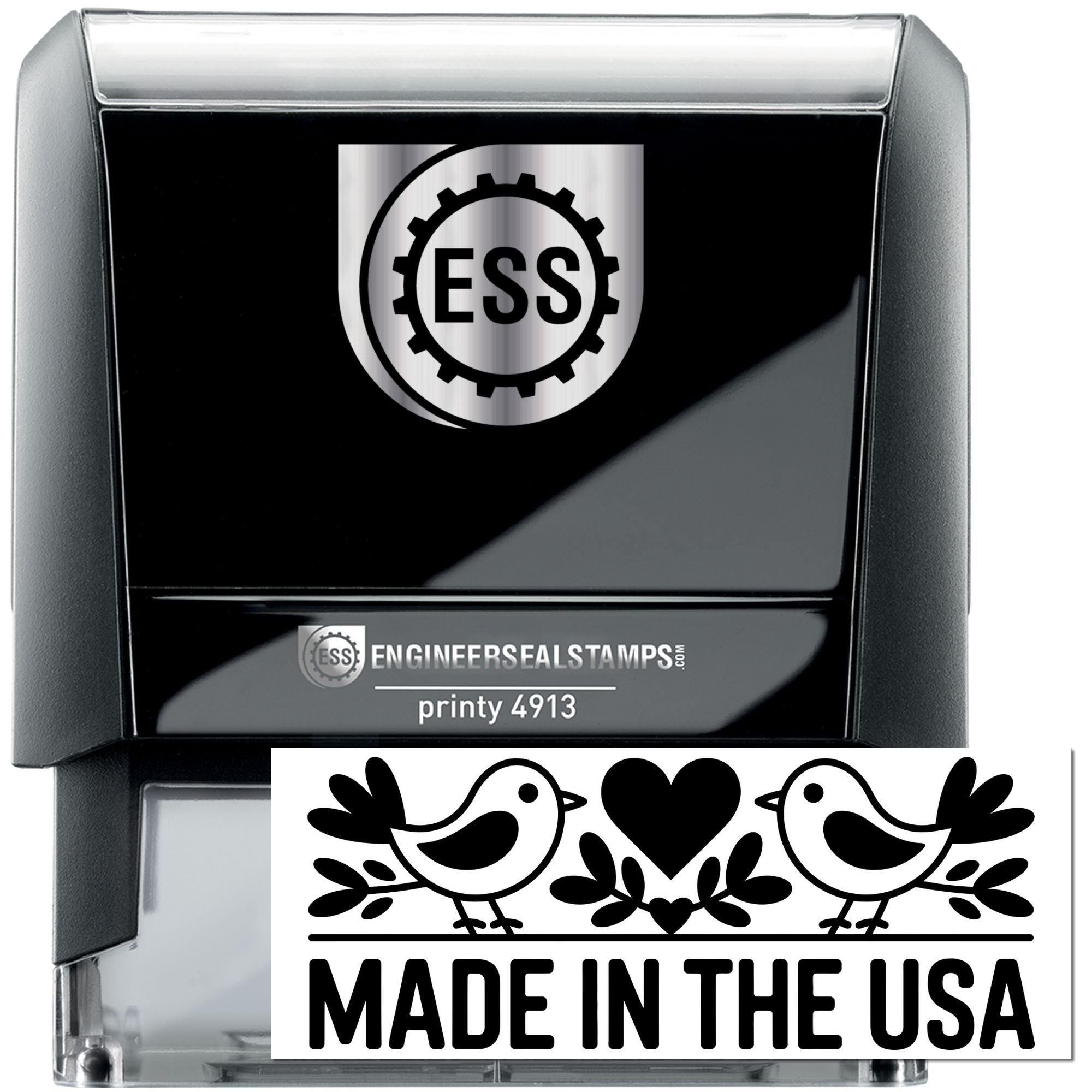 Black self-inking engineer seal stamp with silver ESS logo and a Made in the USA imprint in black and white.