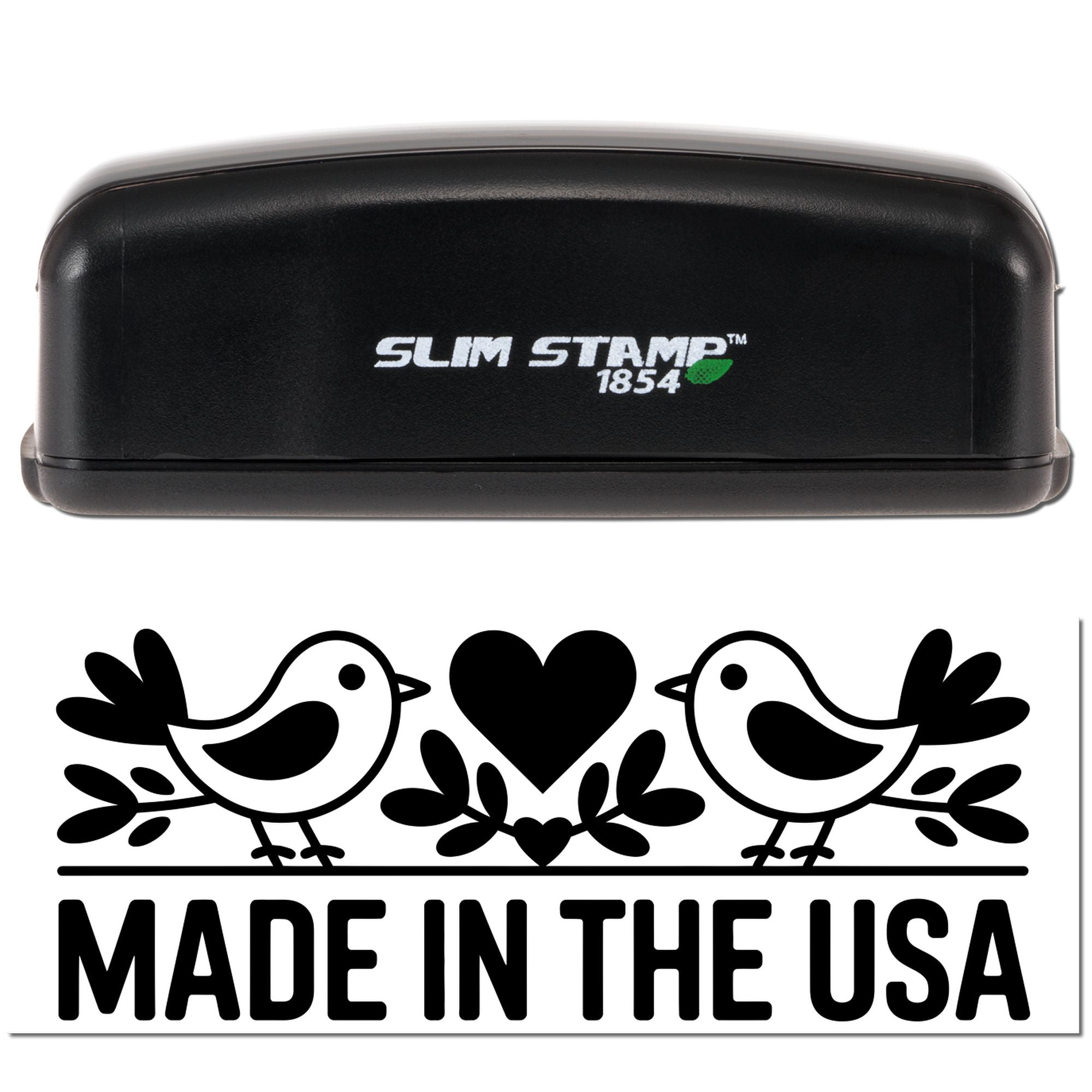 Black Slim Stamp 1854 self-inking stamp and USA-made seal with two birds, heart, and bold Made in the USA text