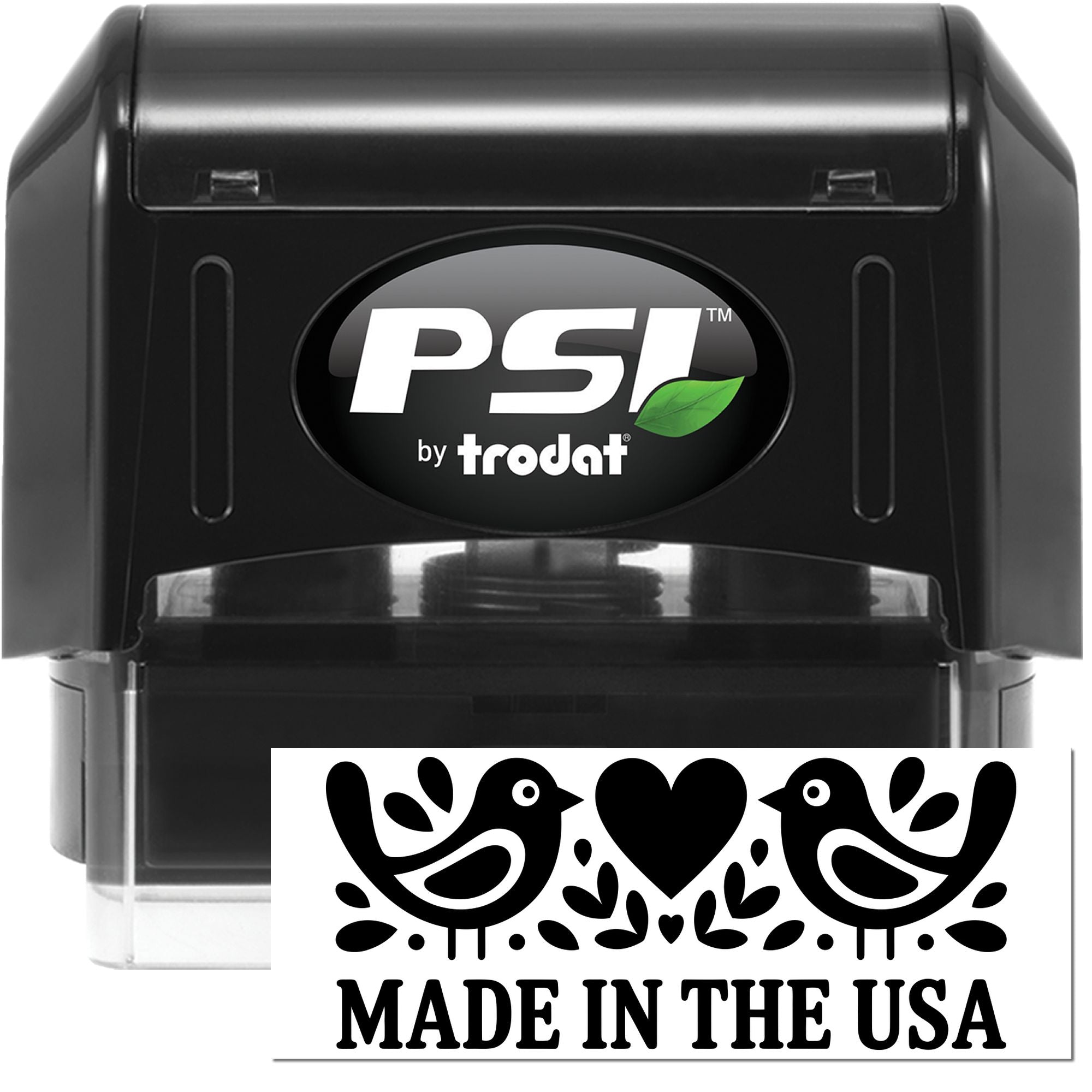 Black PSI by Trodat self-inking stamp and seal with a white Made in the USA bird-heart emblem.