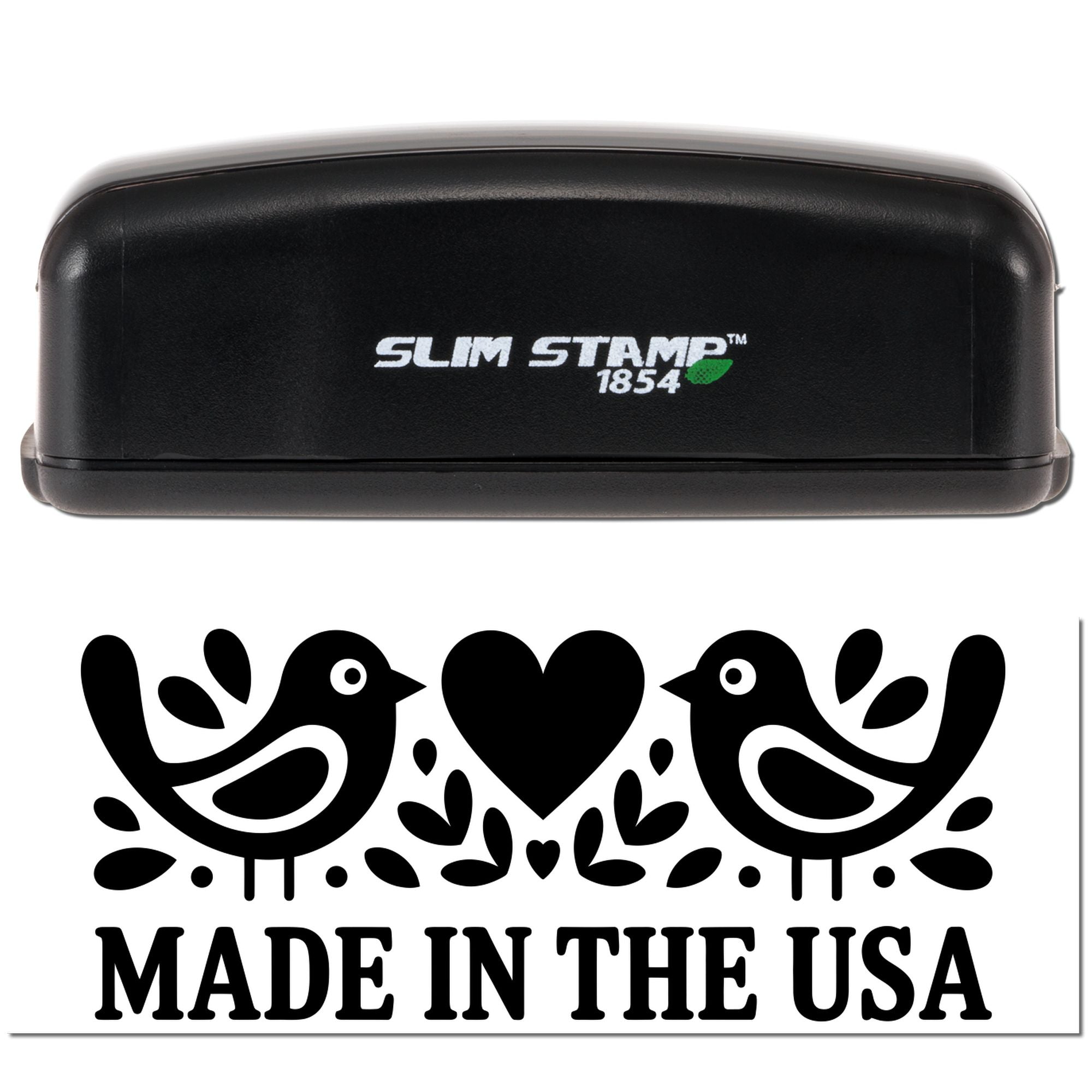 Black Slim Stamp 1854 black handheld stamp and seal with two birds, heart, and Made in the USA text.