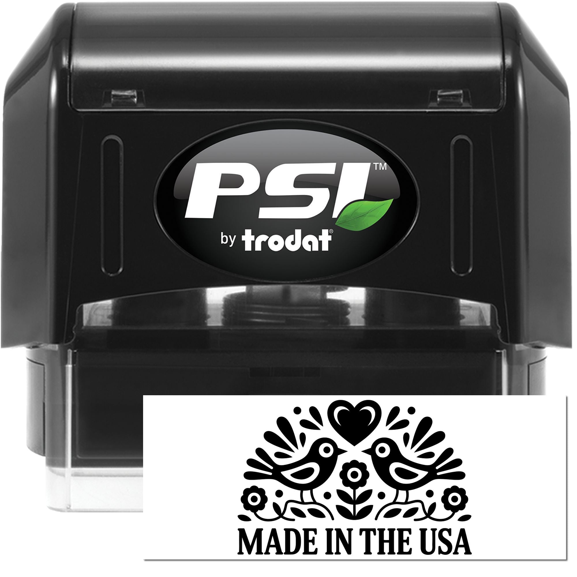 Black PSI by Trodat self-inking stamp with white Made in the USA seal and green leaf logo