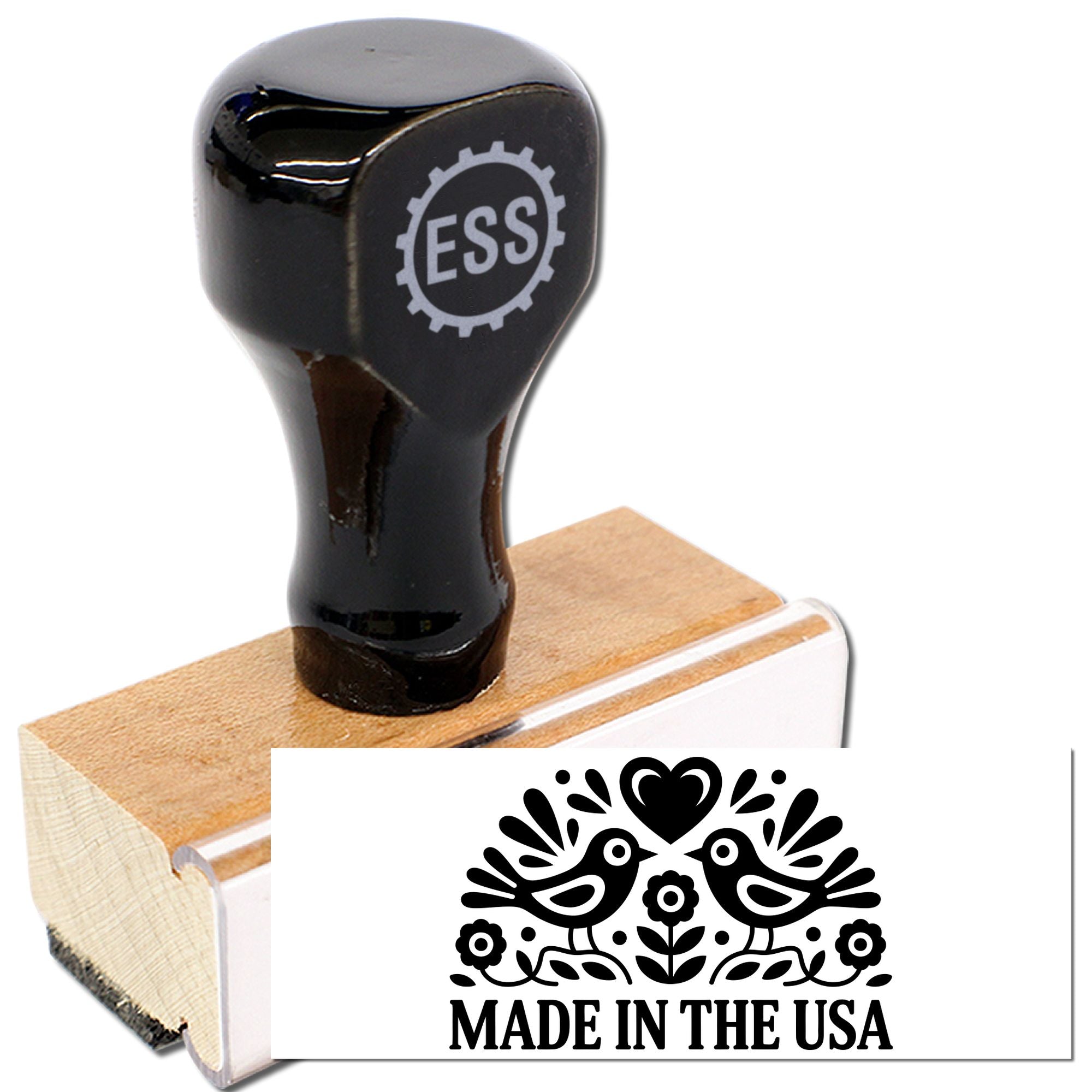 Black ESS rubber stamp with wooden handle and Made in the USA seal graphic